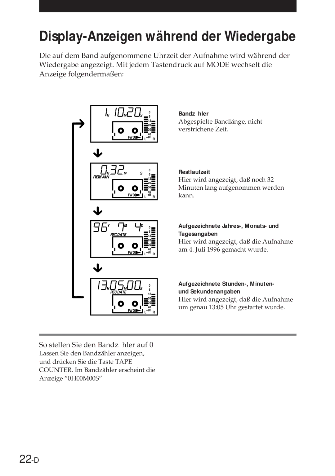 Sony NT-2 manual Display-Anzeigen während der Wiedergabe, 22-D 