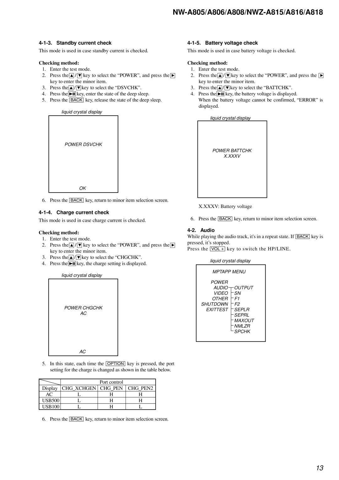 Sony NW-A806, NW-A808 service manual Standby current check, Charge current check, Battery voltage check, Audio 