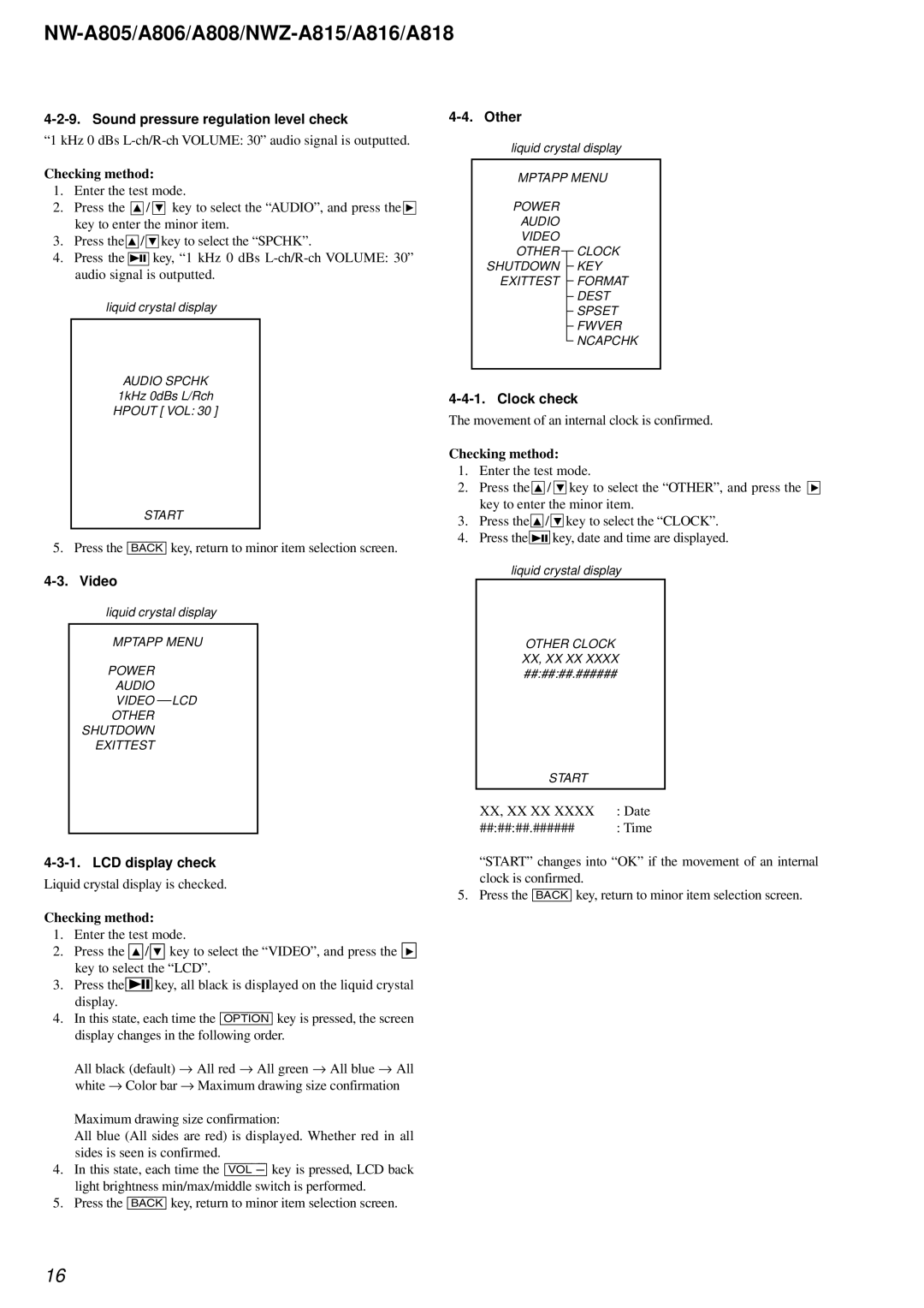 Sony NW-A808, NW-A806 service manual Sound pressure regulation level check, Video, LCD display check, Other, Clock check 