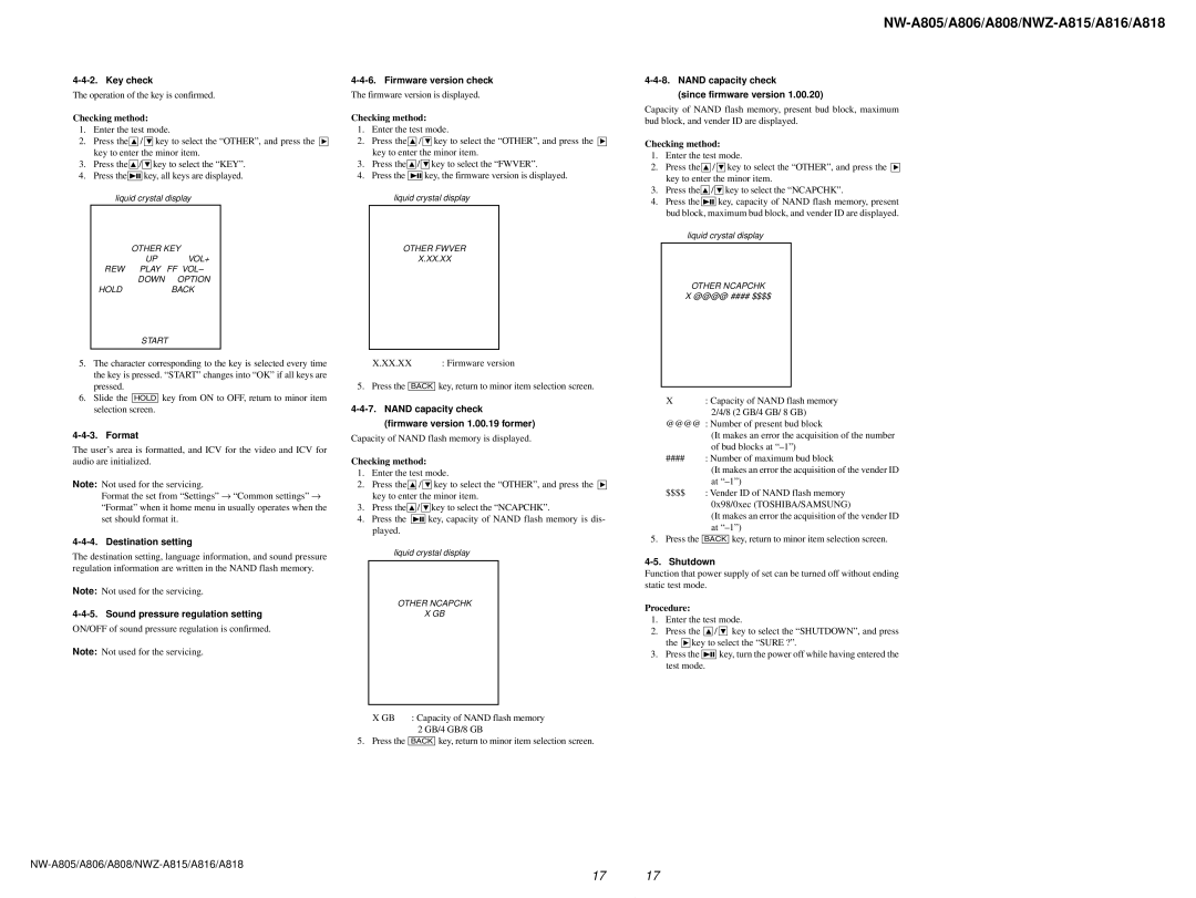 Sony NW-A806 Key check, Format, Destination setting, Sound pressure regulation setting, Firmware version check, Shutdown 