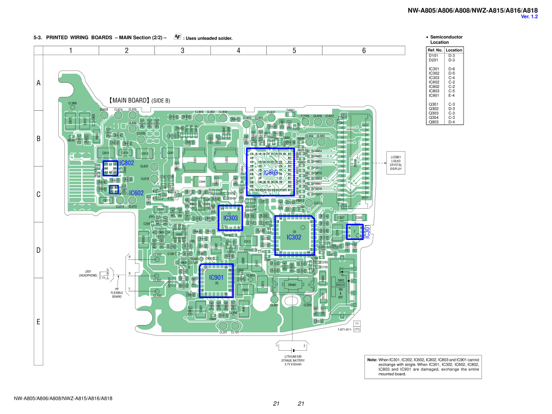 Sony NW-A806, NW-A808 service manual Main Board Side B, Uses unleaded solder Semiconductor Location 