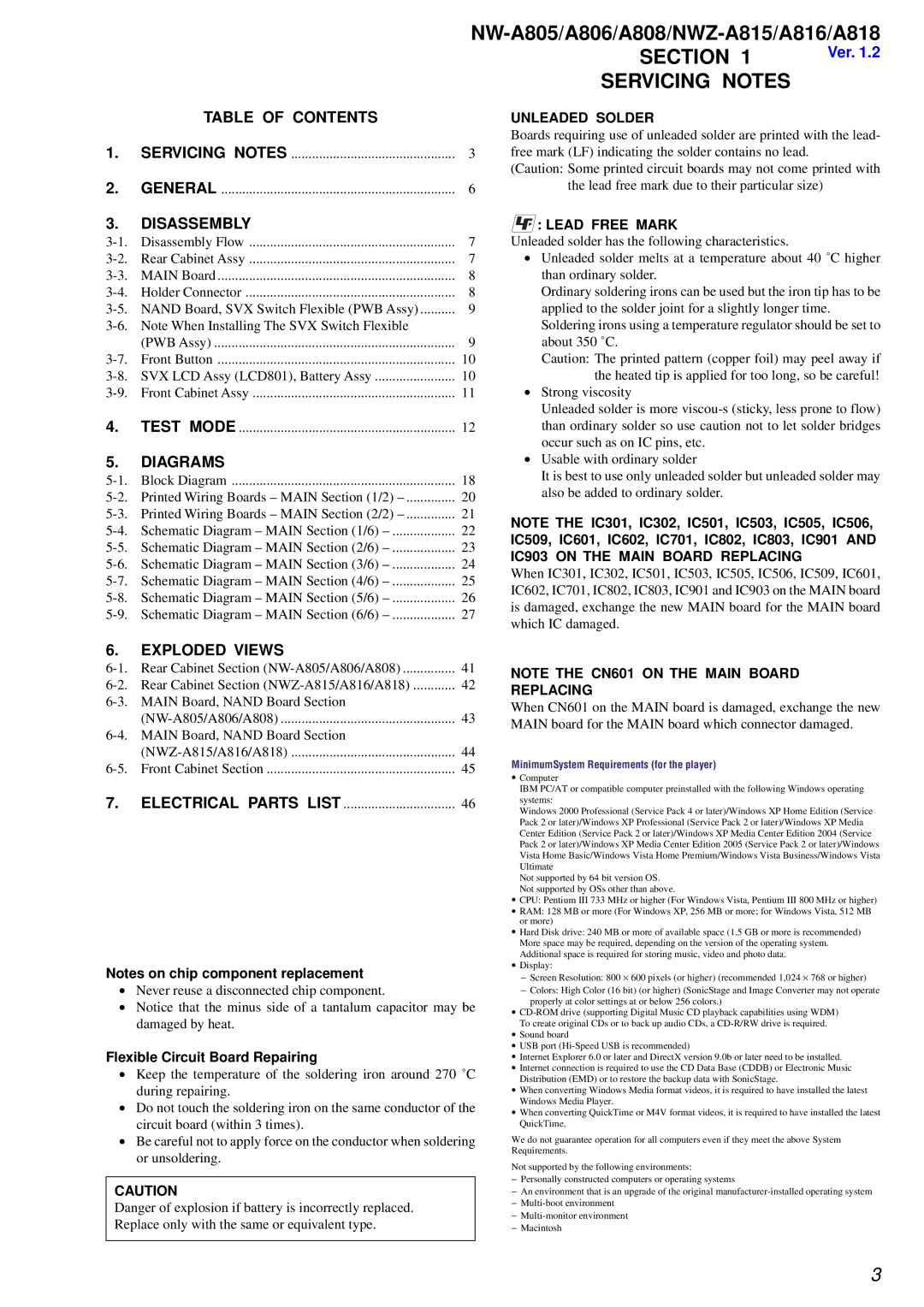 Sony NW-A806, NW-A808 Table of Contents, Disassembly, Diagrams, Exploded Views, Flexible Circuit Board Repairing 