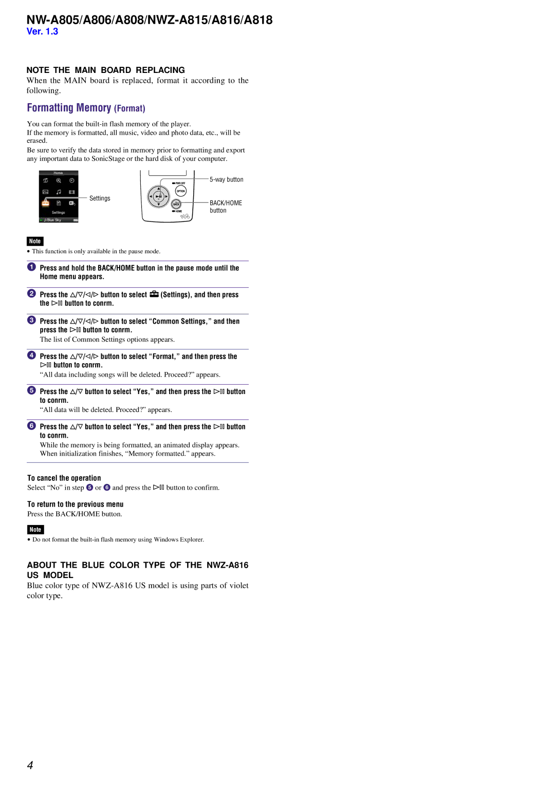 Sony NW-A808, NW-A806 service manual Formatting Memory Format 