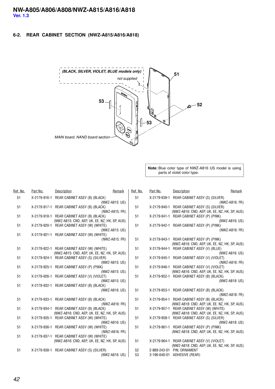 Sony NW-A808, NW-A806 service manual Rear Cabinet Section NWZ-A815/A816/A818, BLACK, SILVER, VIOLET, Blue models only 