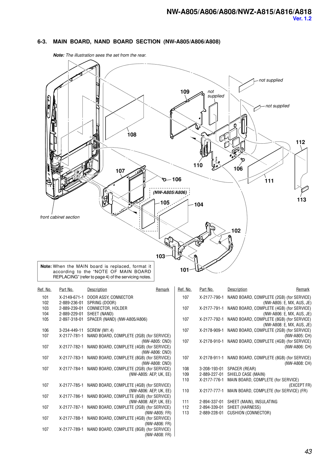 Sony NW-A806, NW-A808 service manual Main BOARD, Nand Board Section NW-A805/A806/A808, 109 