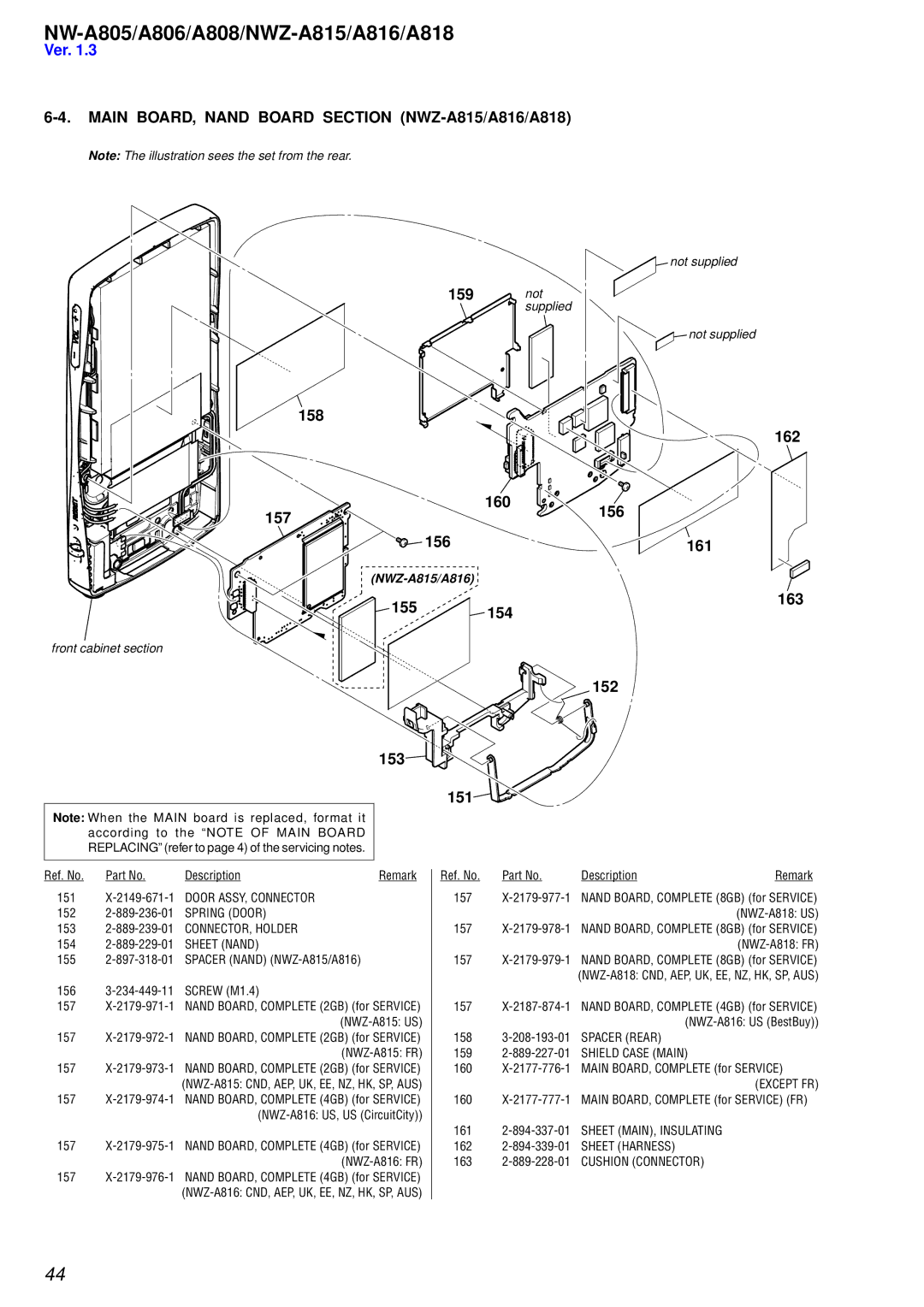 Sony NW-A808, NW-A806 service manual Main BOARD, Nand Board Section NWZ-A815/A816/A818, 159 