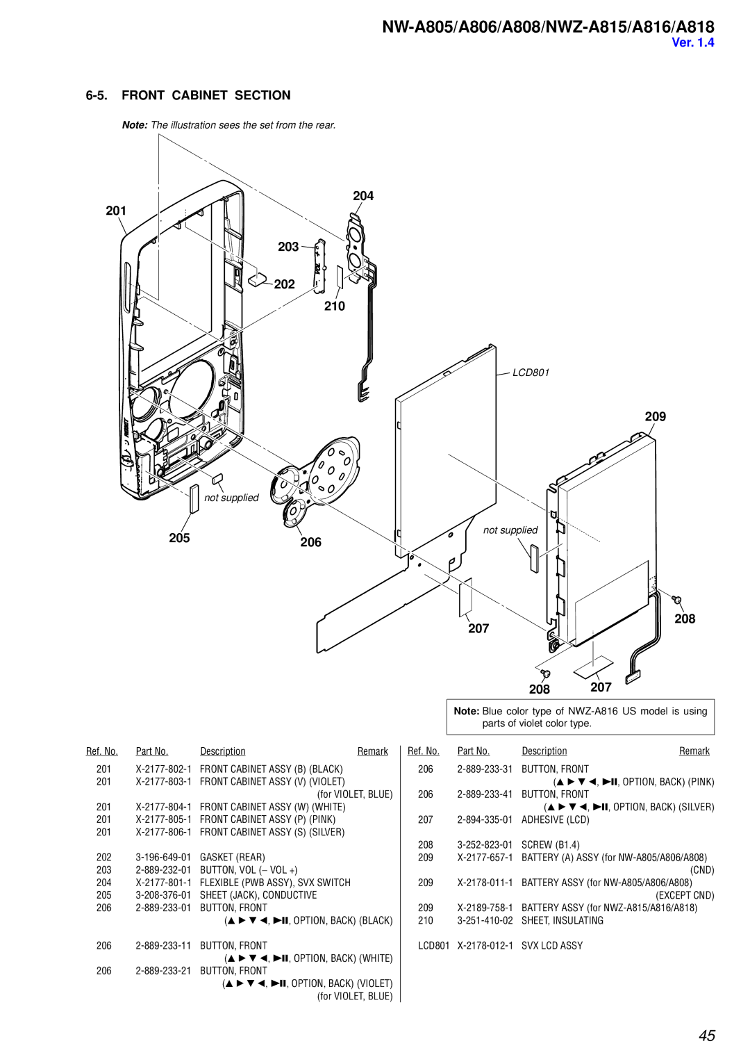 Sony NW-A806, NW-A808 service manual Front Cabinet Section, 208 207 