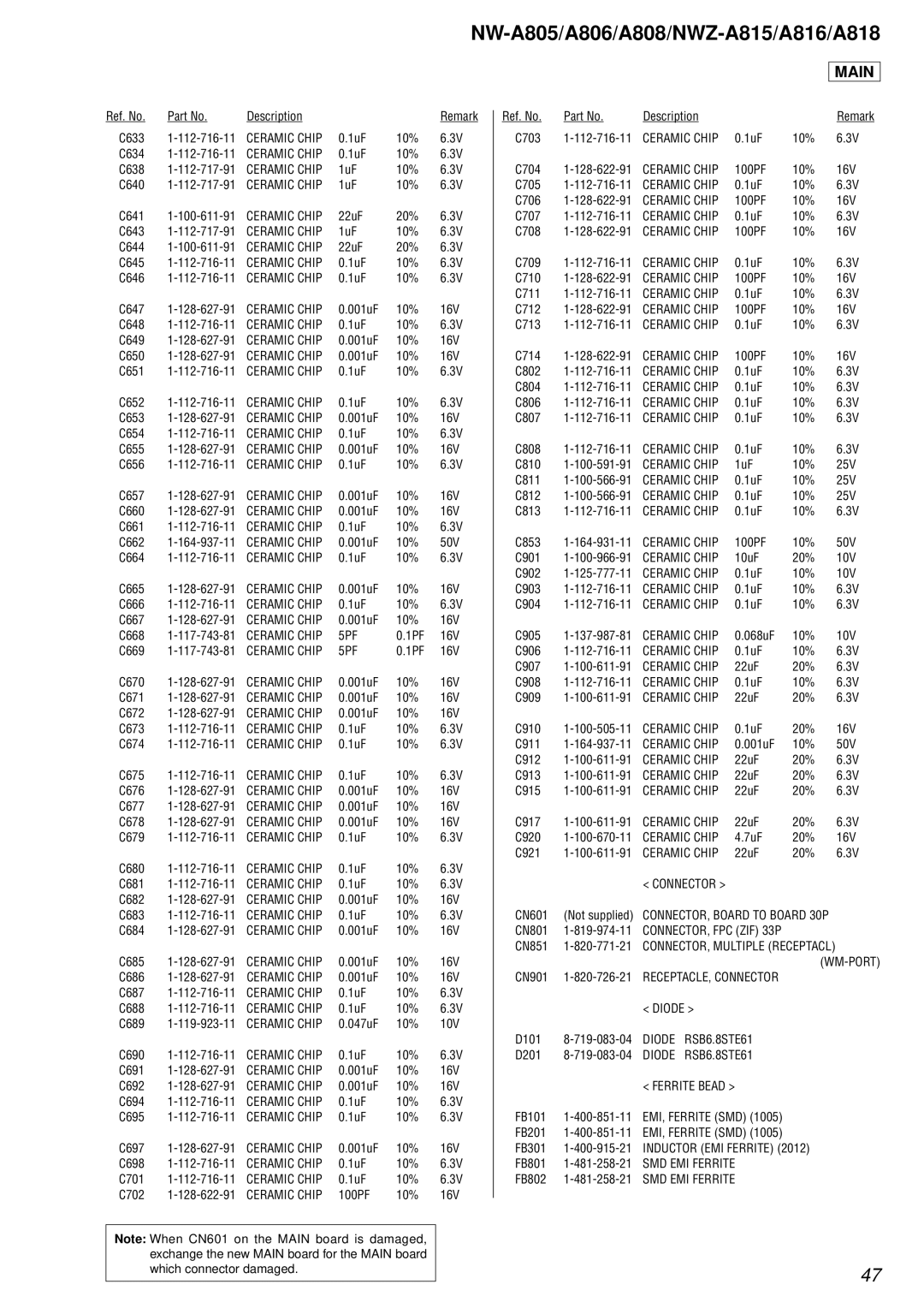 Sony NW-A806, NW-A808 service manual Ceramic Chip 5PF 