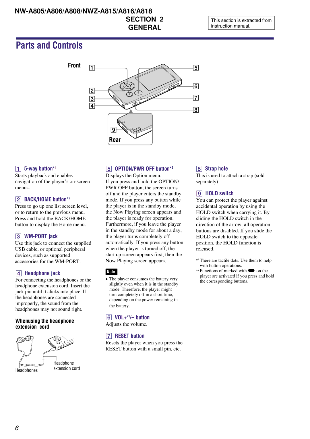 Sony NW-A808, NW-A806 service manual Parts and Controls, Whenusing the headphone extension cord 