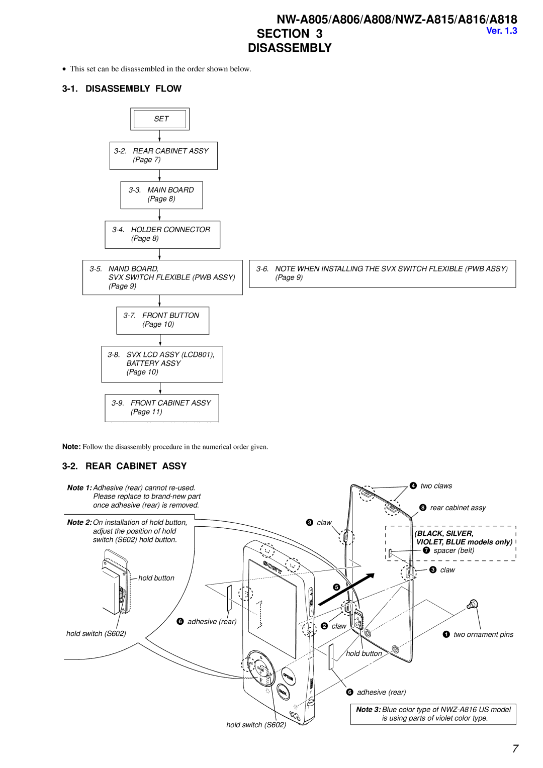 Sony NW-A806, NW-A808 service manual Disassembly Flow, Rear Cabinet Assy 