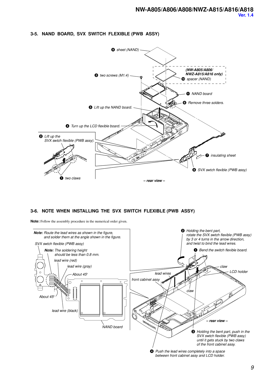 Sony NW-A806, NW-A808 service manual Nand BOARD, SVX Switch Flexible PWB Assy, About Holding the bent part 