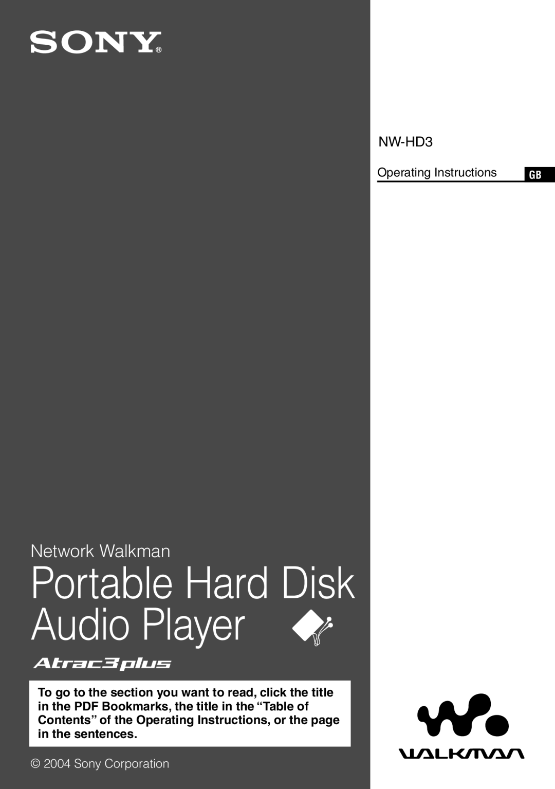 Sony NW-HD3 operating instructions Portable Hard Disk Audio Player 