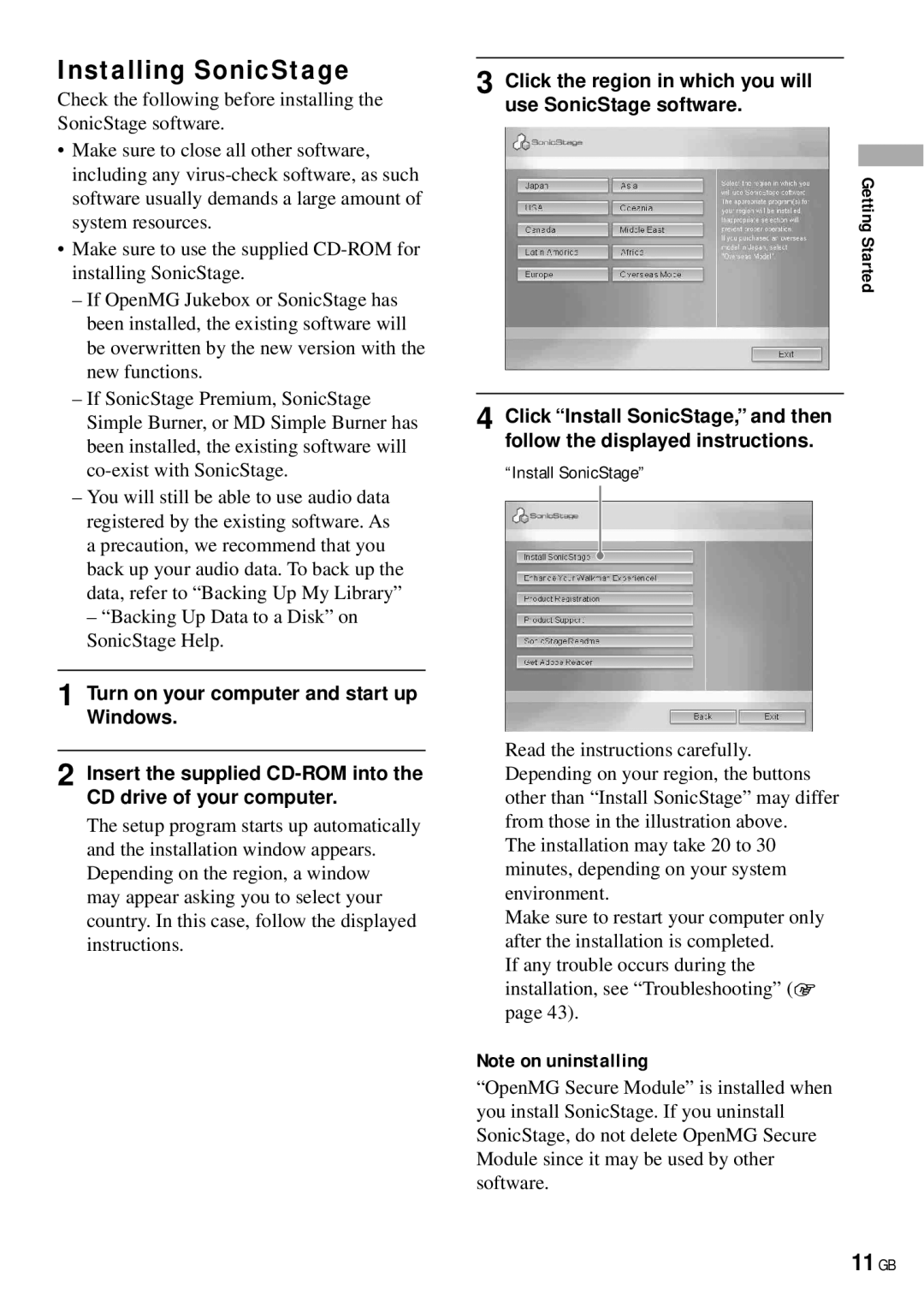 Sony NW-HD3 operating instructions 11 GB, Installing SonicStage 