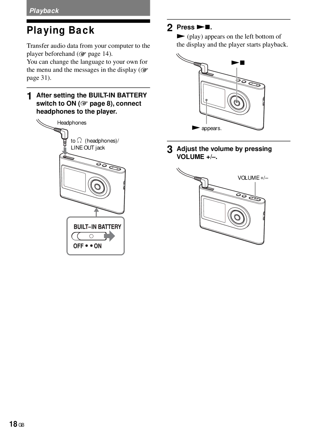 Sony NW-HD3 operating instructions Playing Back, 18 GB, Press , Adjust the volume by pressing Volume + 