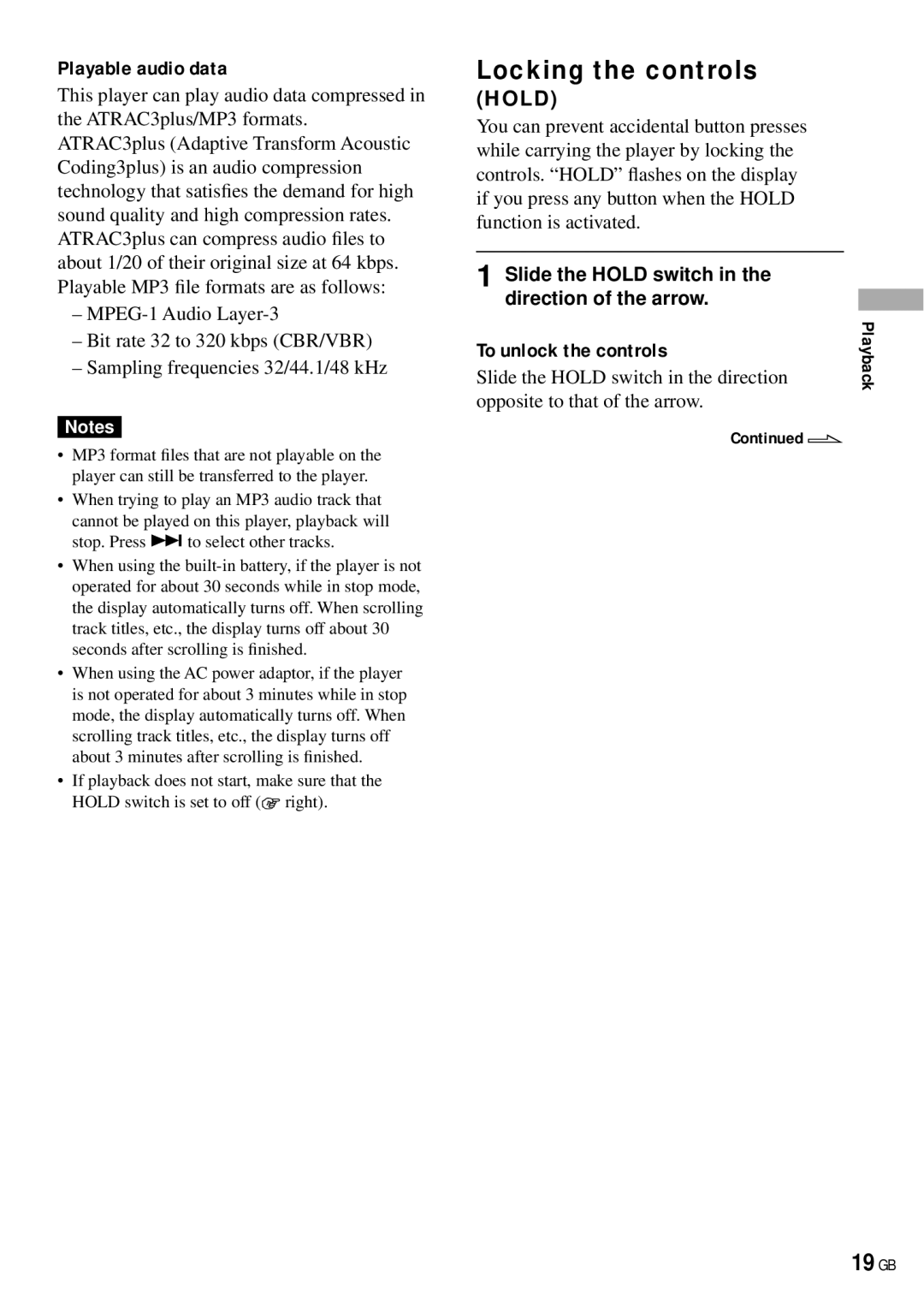 Sony NW-HD3 operating instructions 19 GB, Locking the controls, Playable audio data, To unlock the controls 