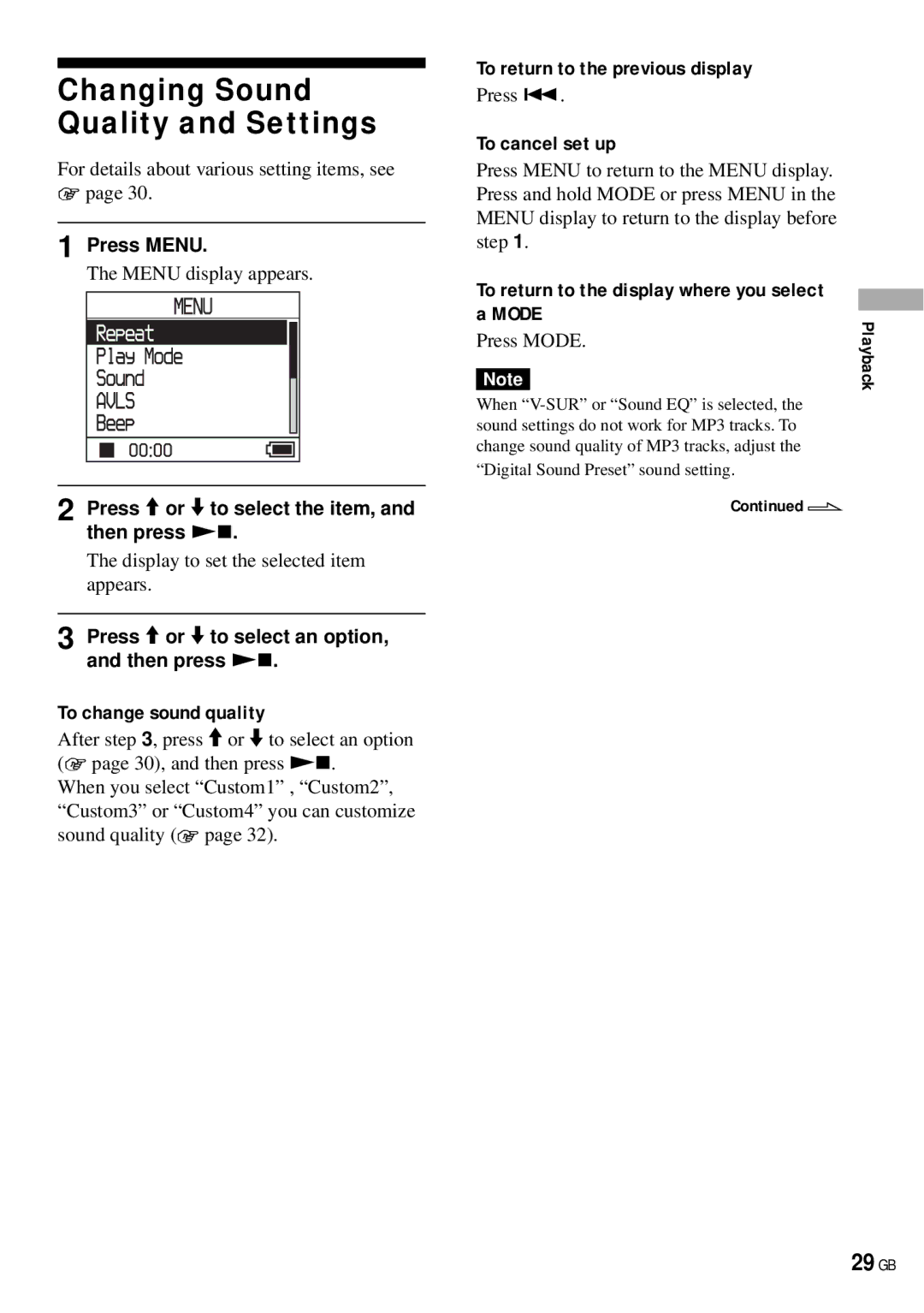 Sony NW-HD3 Changing Sound Quality and Settings, 29 GB, To change sound quality, To return to the previous display 