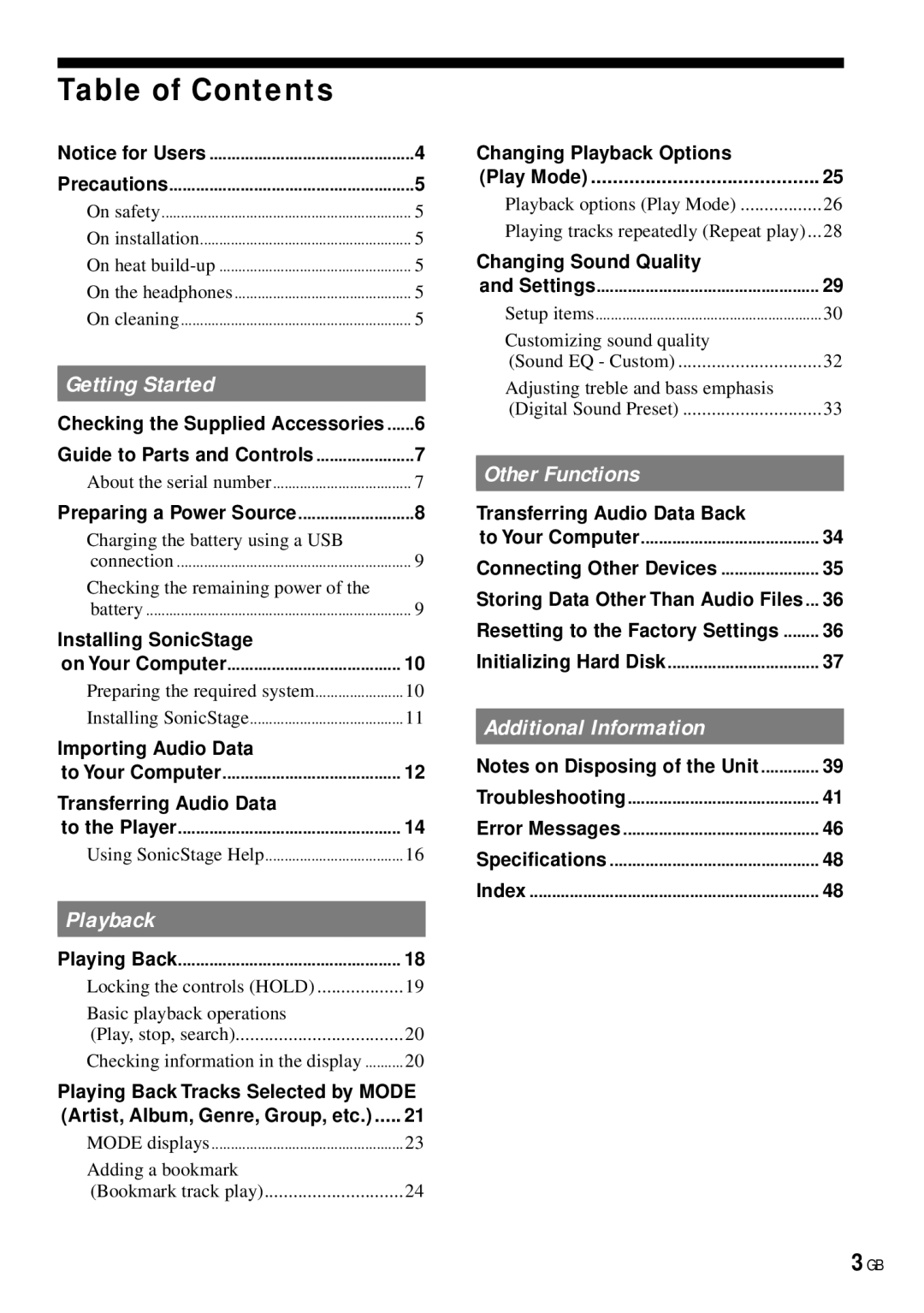 Sony NW-HD3 operating instructions Table of Contents 