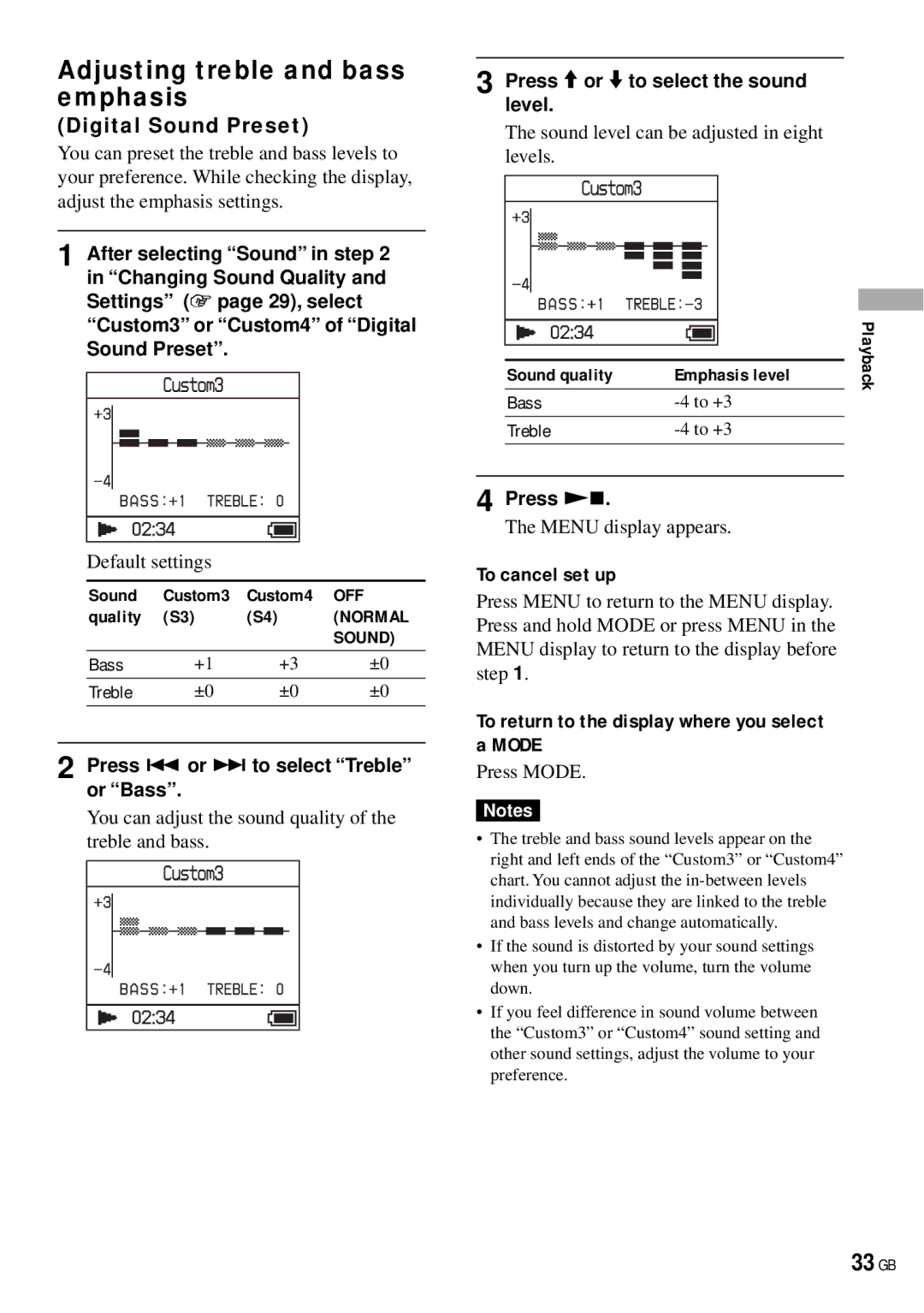 Sony NW-HD3 operating instructions 33 GB, Adjusting treble and bass emphasis, Digital Sound Preset 