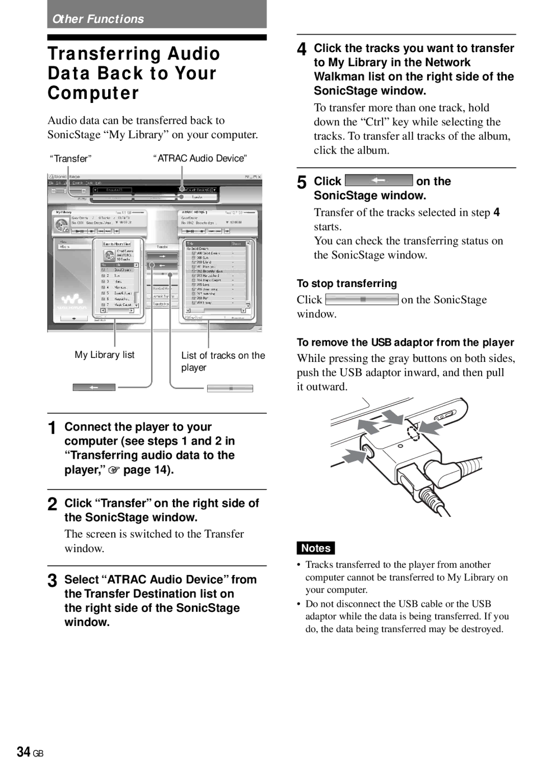 Sony NW-HD3 operating instructions Transferring Audio Data Back to Your Computer, 34 GB 