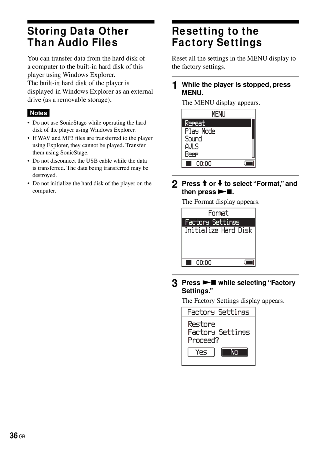 Sony NW-HD3 operating instructions Storing Data Other Than Audio Files, Resetting to Factory Settings, 36 GB 