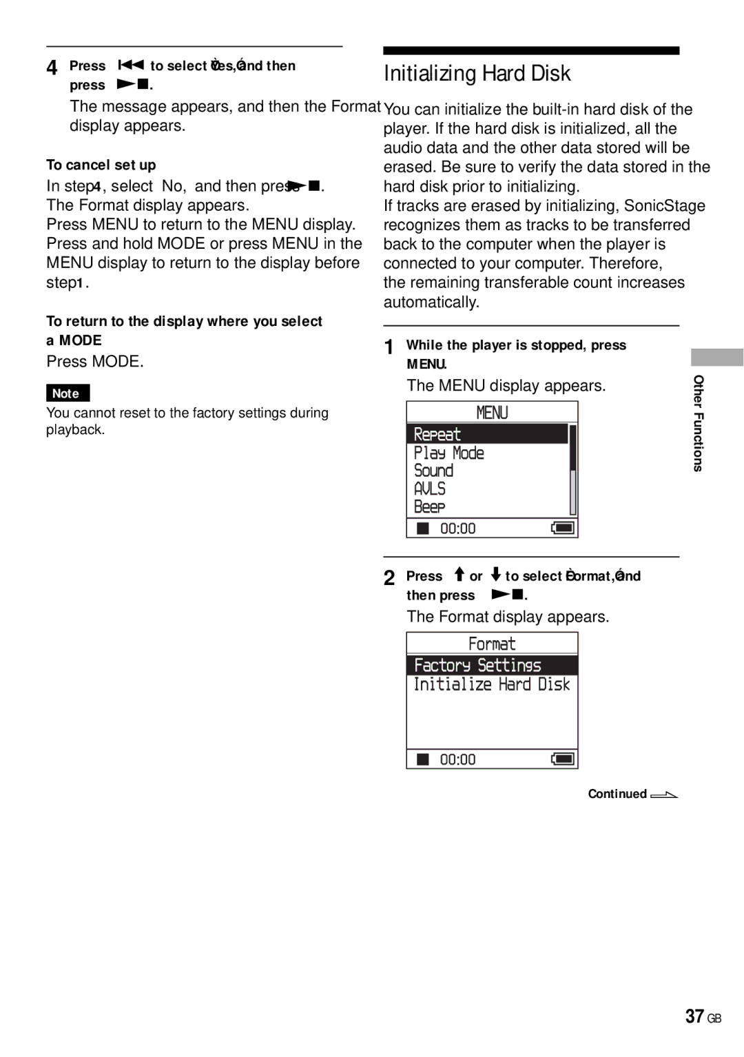 Sony NW-HD3 operating instructions Initializing Hard Disk, 37 GB, Press  to select Yes, and then press  