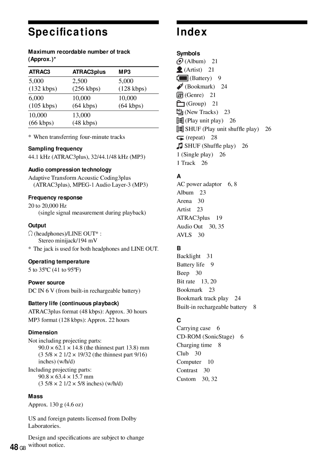 Sony NW-HD3 operating instructions SpeciﬁcationsIndex 