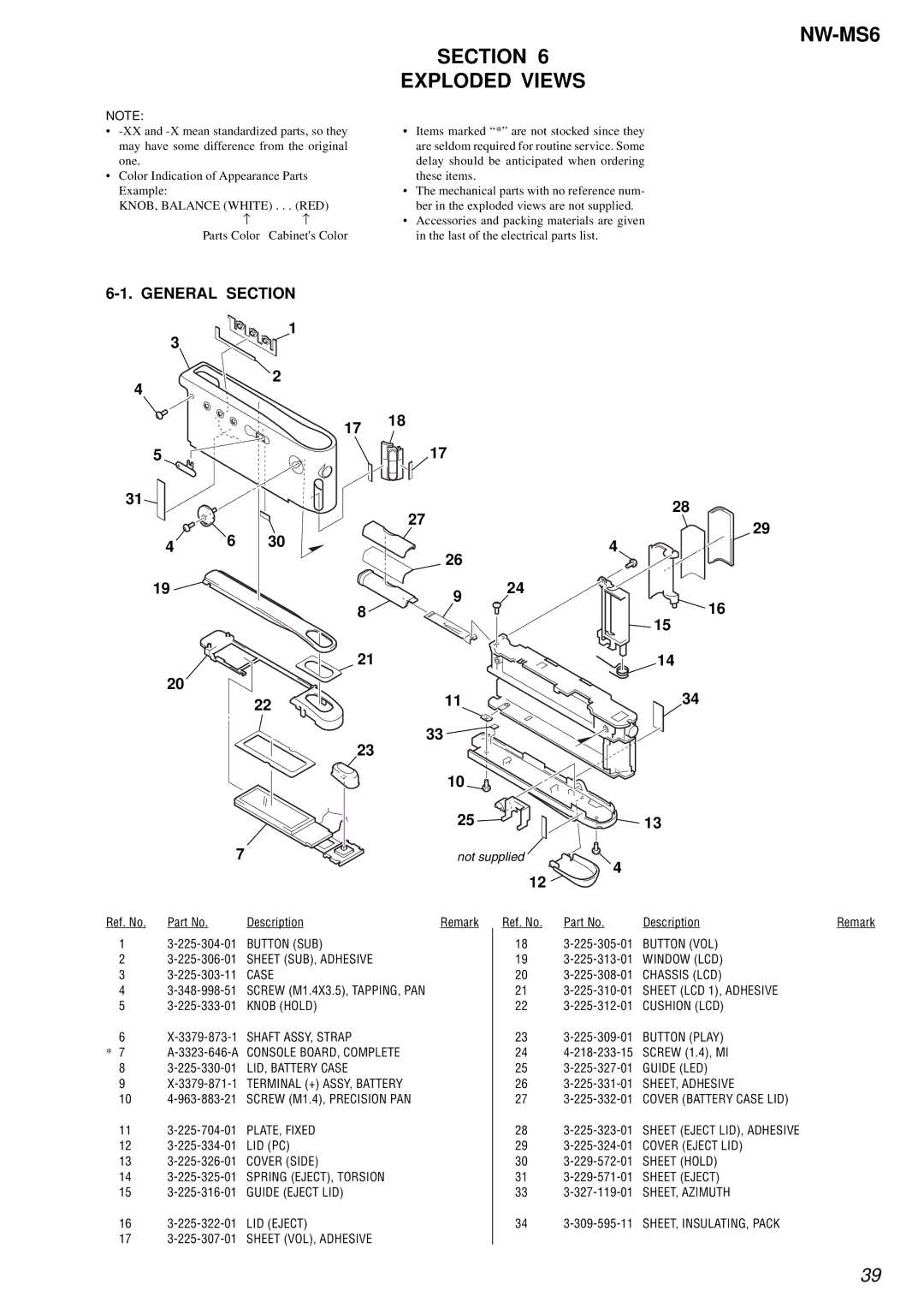 Sony NW-MS6 service manual Section Exploded Views, General Section, 17 18 