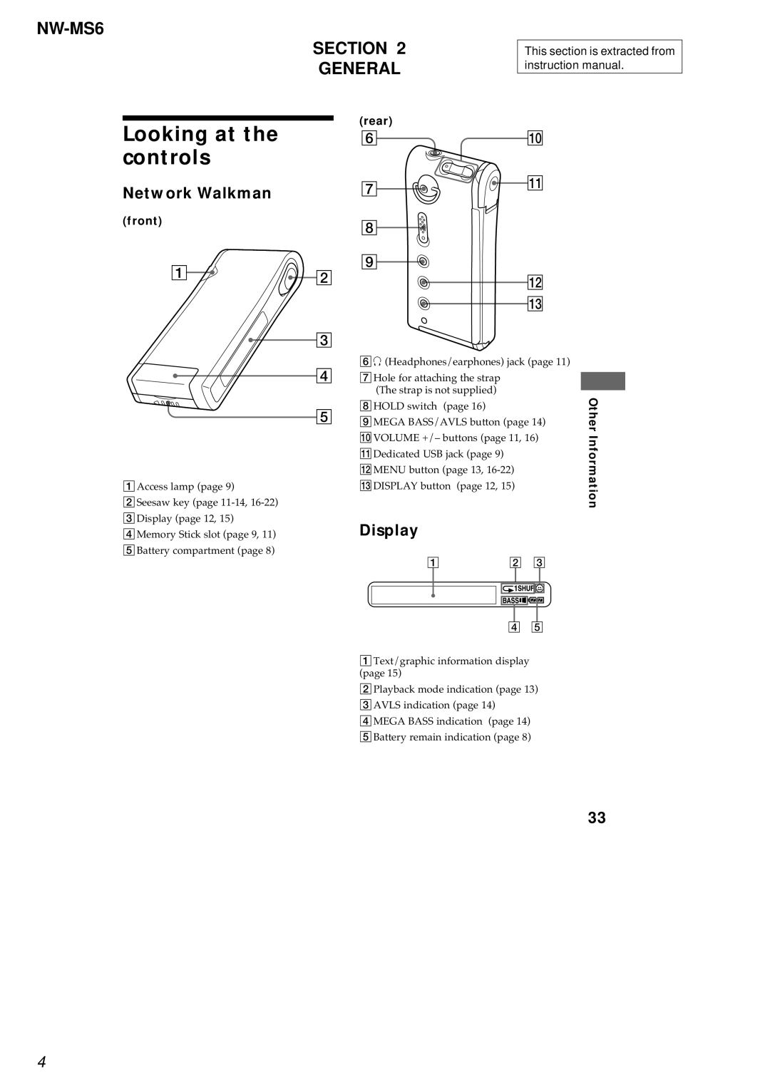 Sony service manual Looking at Controls, NW-MS6 Section General 