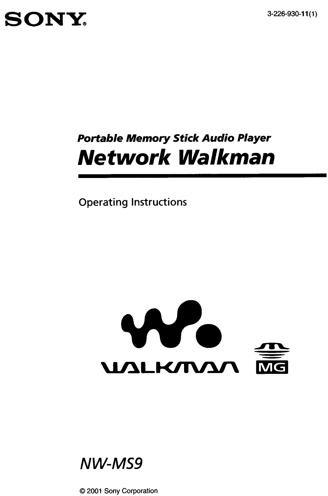 Sony NW-MS9 operating instructions Portable Memory Stick Audio Player, Operating Instructions, Sony Corporation 