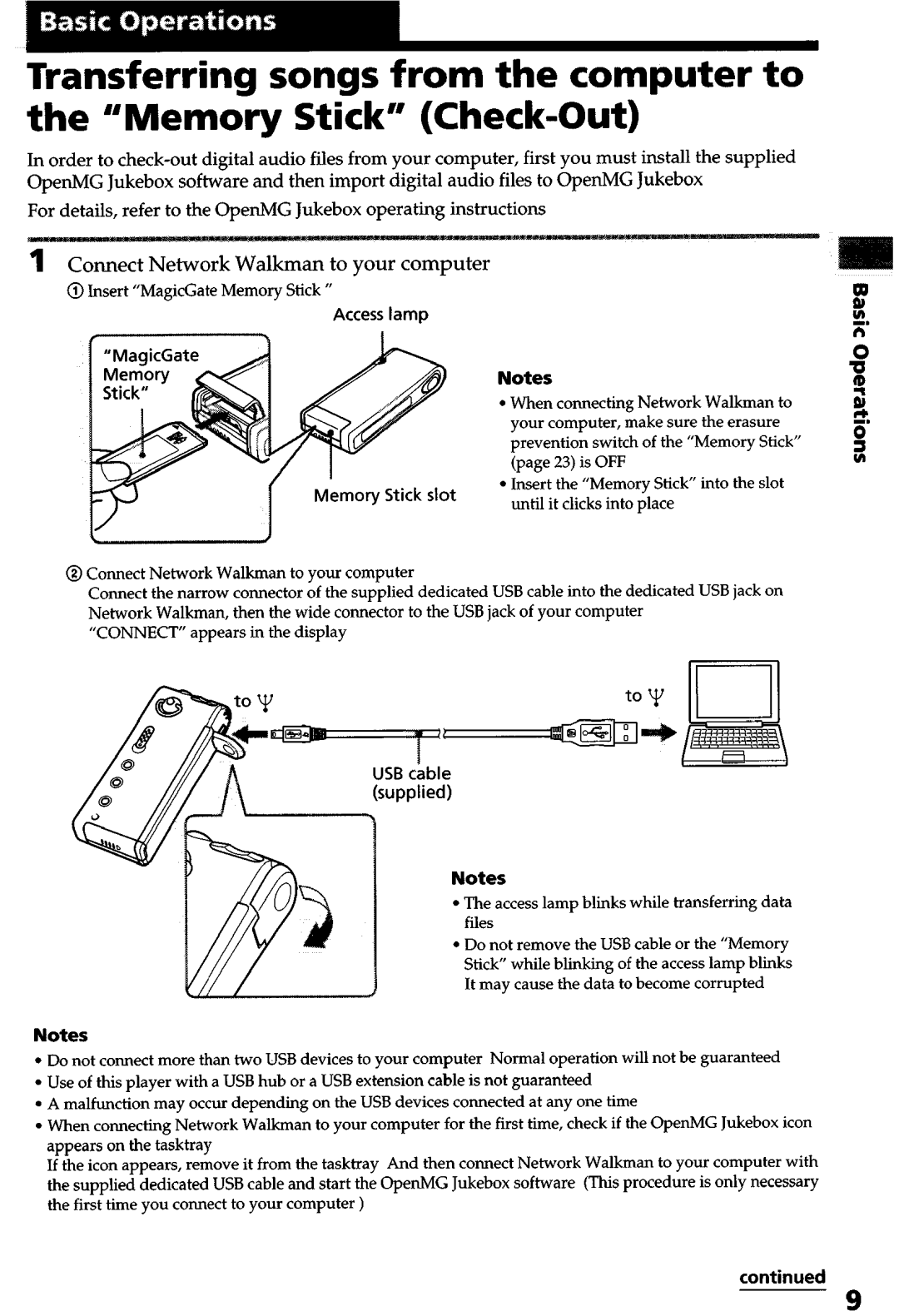 Sony NW-MS9 operating instructions Access lamp Memory Stick slot, Usb 