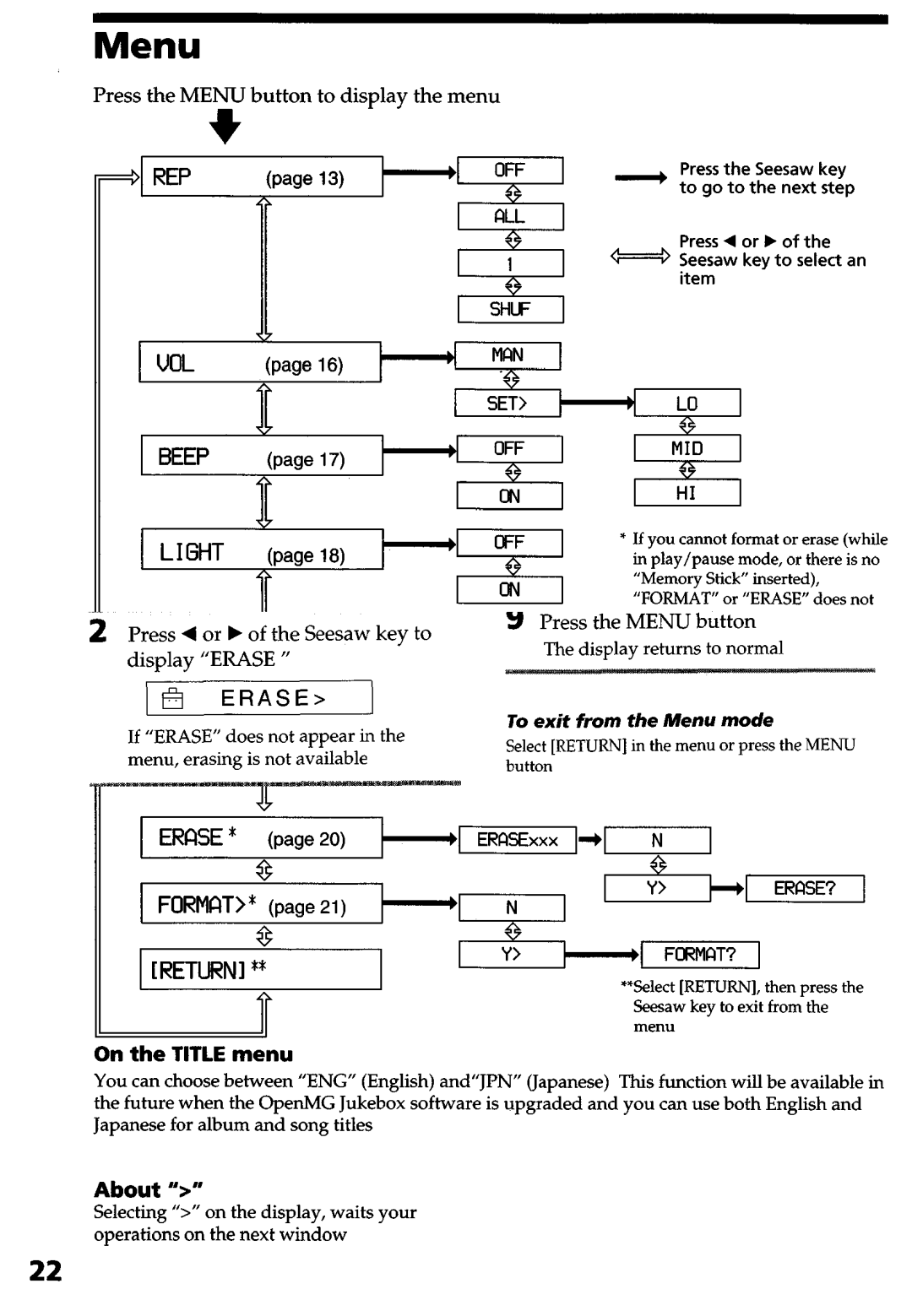 Sony NW-MS9 operating instructions Menu, ERfXE, Baby 