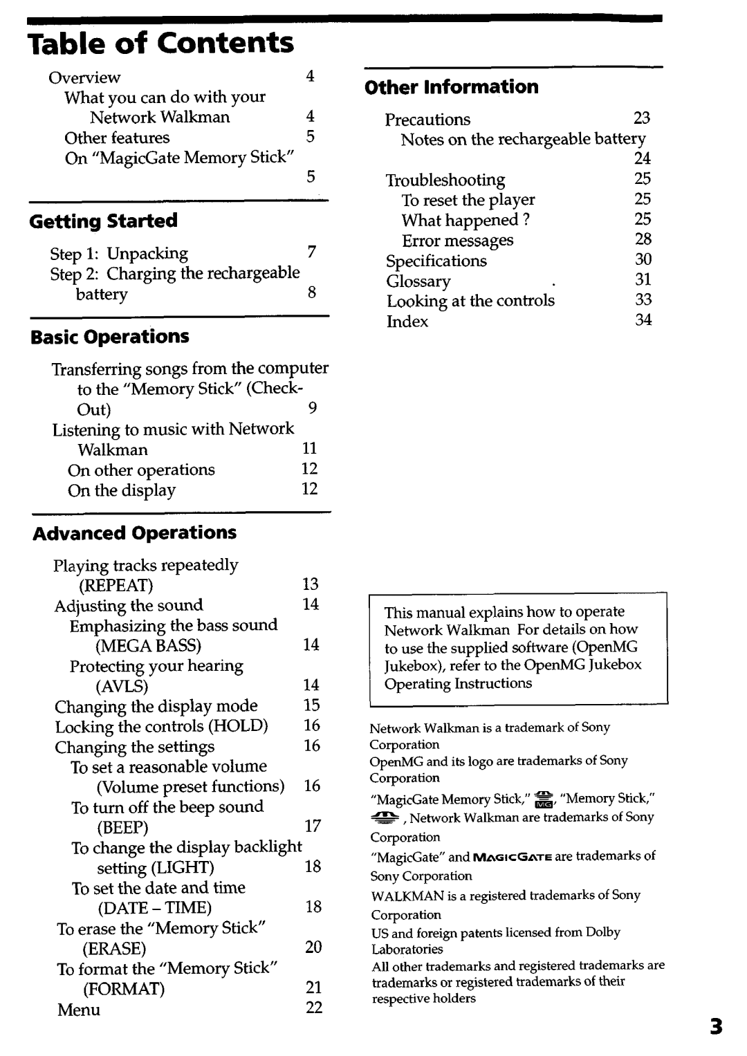 Sony NW-MS9 operating instructions Table of Contents 