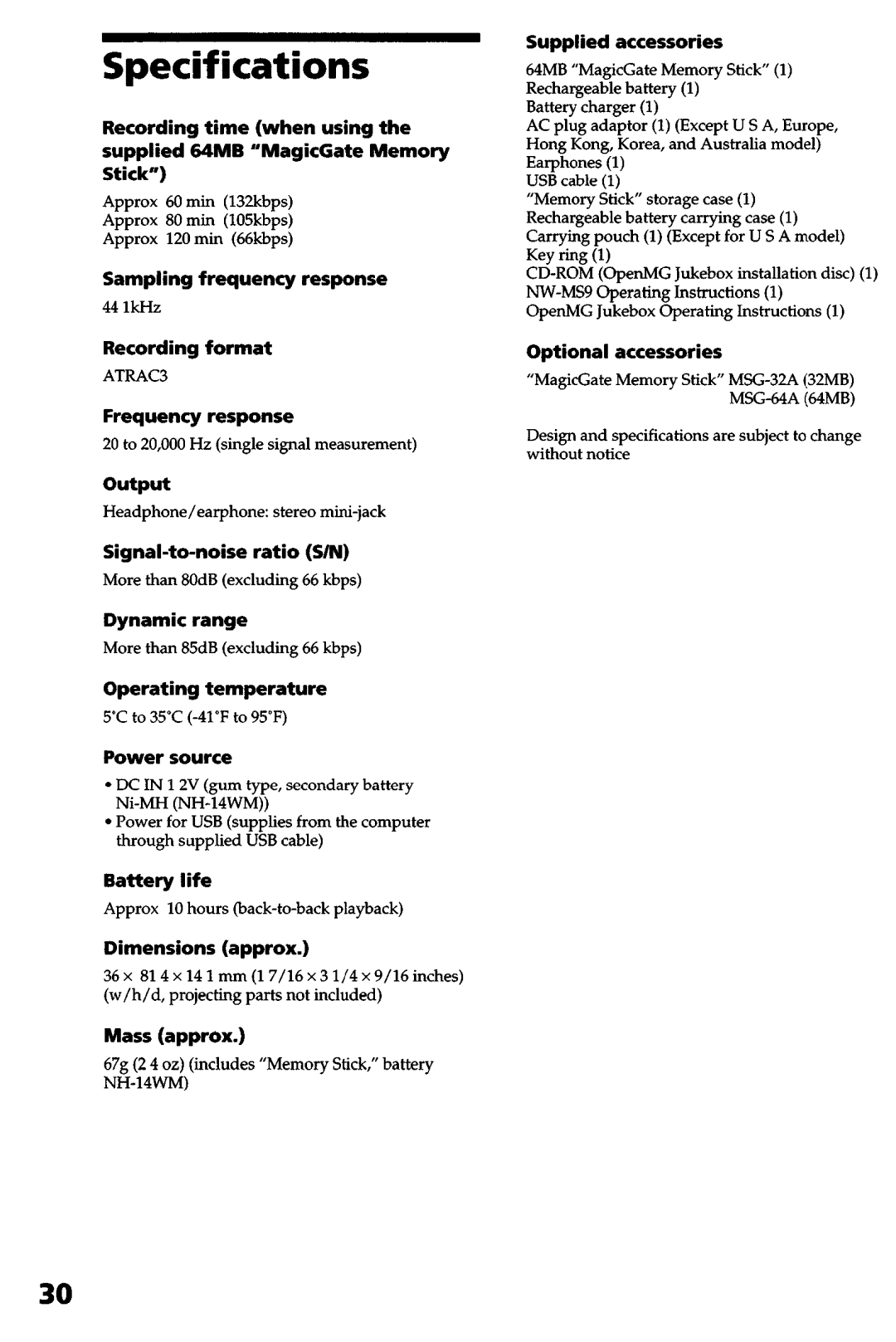 Sony NW-MS9 operating instructions Specifications 