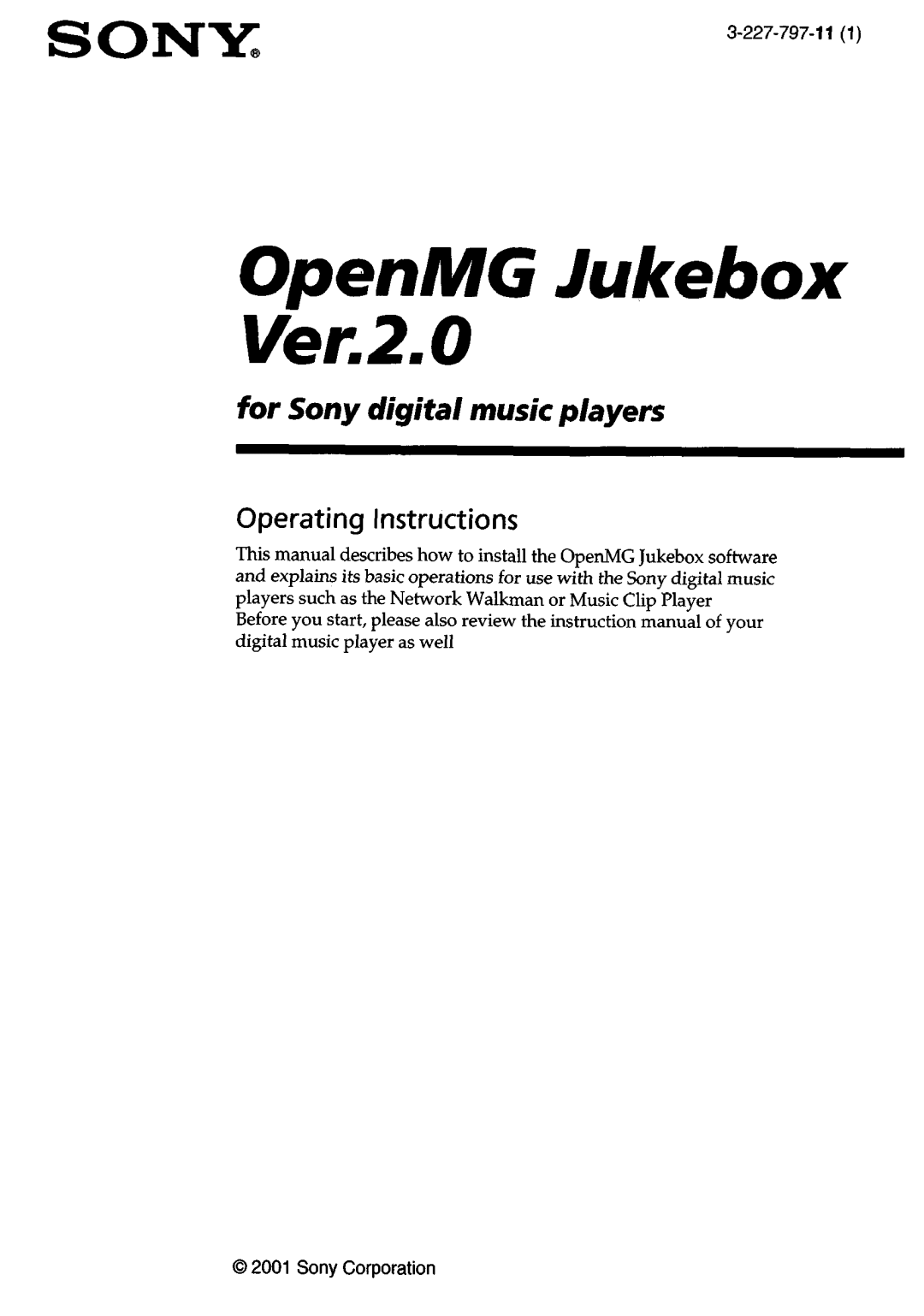 Sony NW-MS9 operating instructions OpenMG Jukebox Veft2.0, 227-797-l 1 