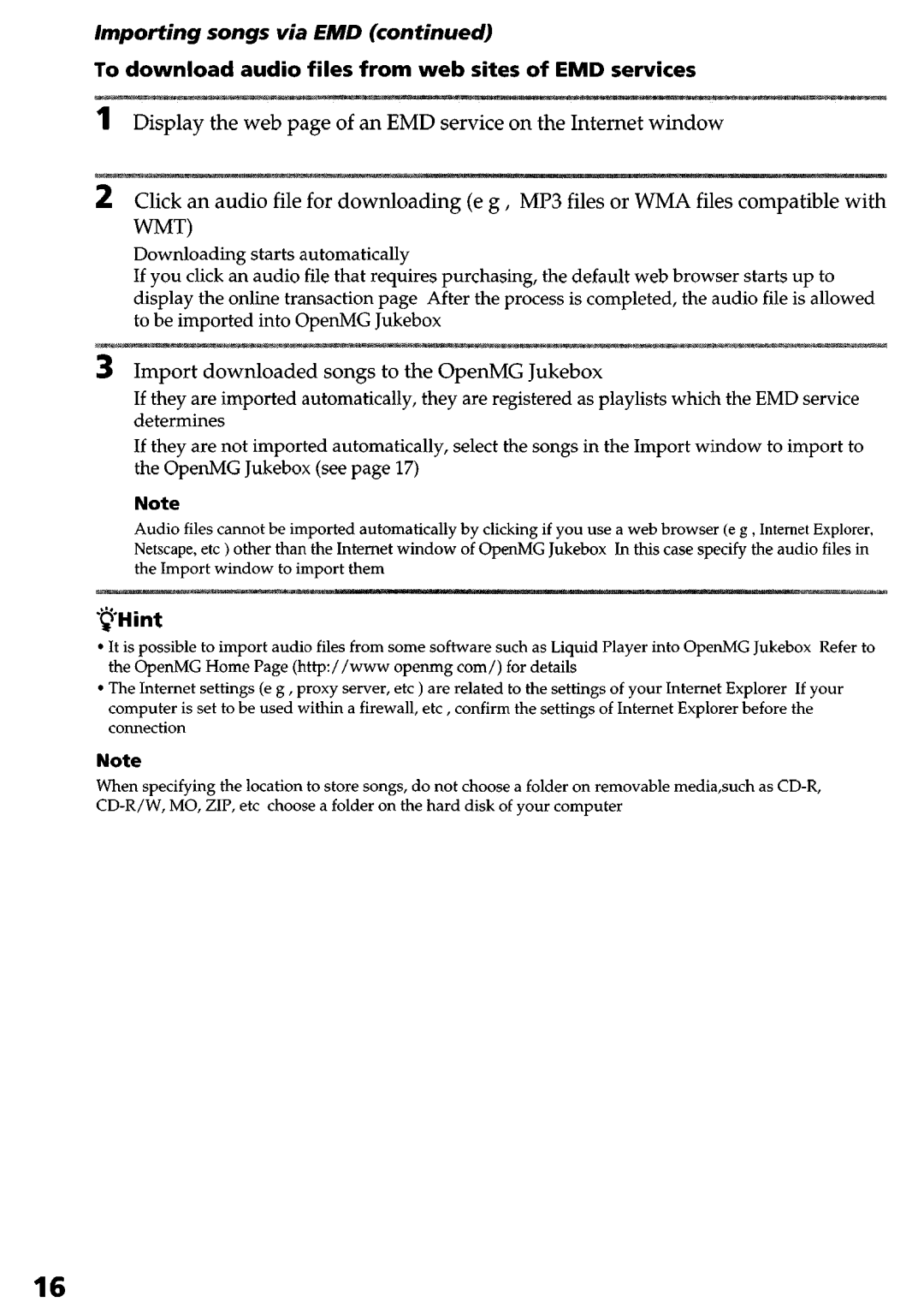 Sony NW-MS9 operating instructions Import downloaded songs to the OpenMG Jukebox, ‘@Hint 
