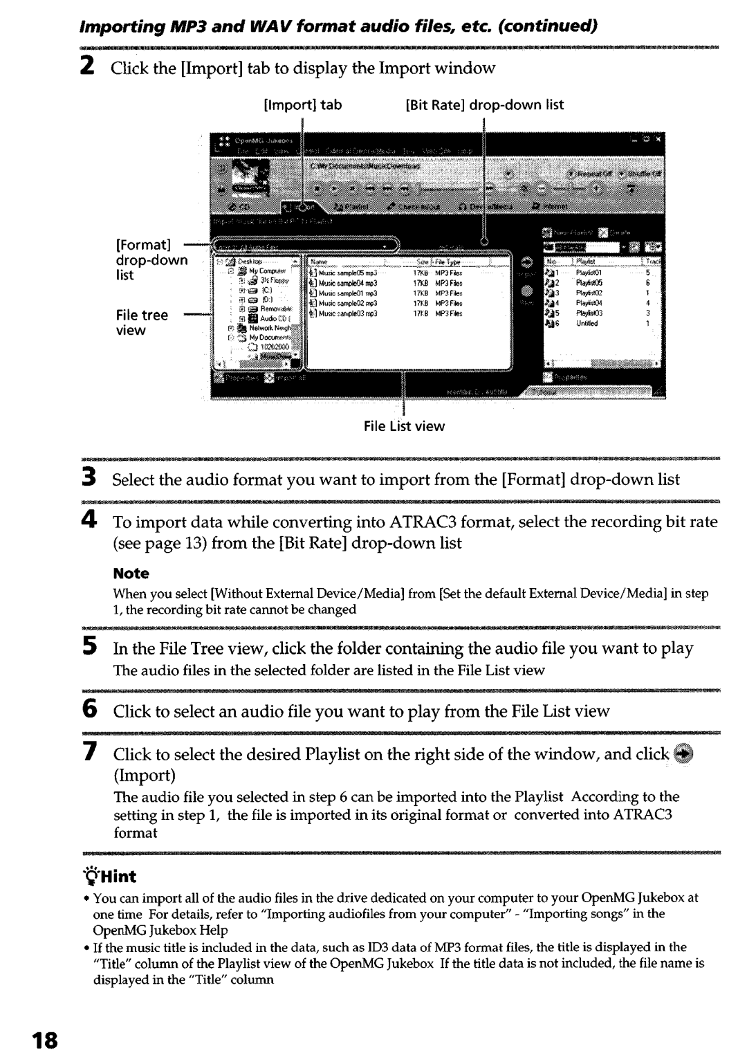 Sony NW-MS9 operating instructions Importing MP3, Audio Files, Click Import Tab to, Import Window, @Hint 