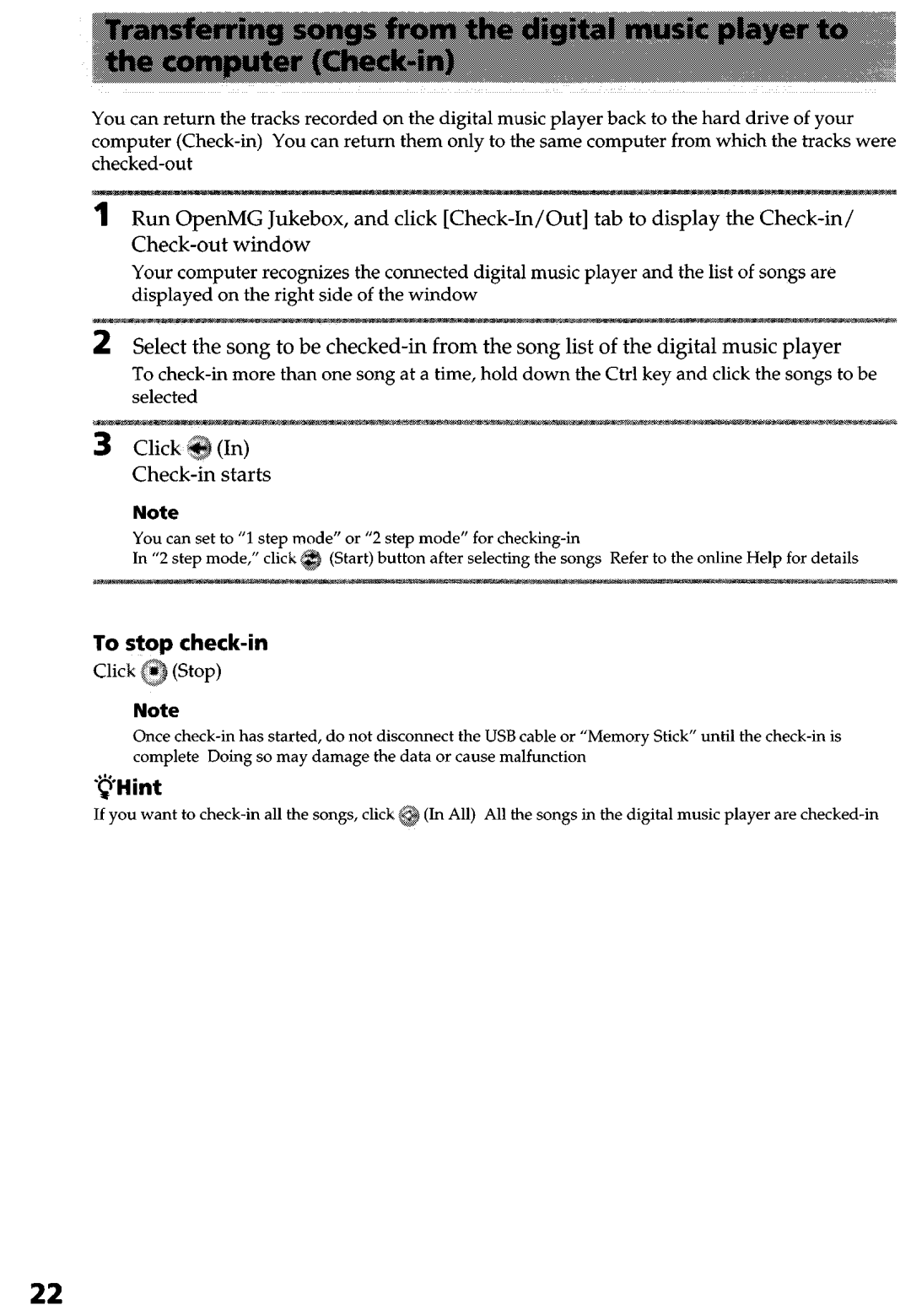 Sony NW-MS9 operating instructions Check-in starts, To stop check-in, ‘ii’Hint 