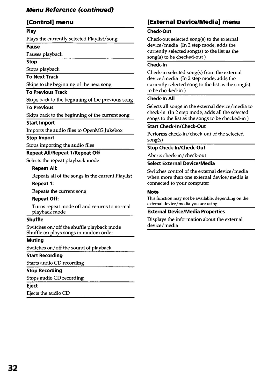 Sony NW-MS9 operating instructions External Device/Media menu 