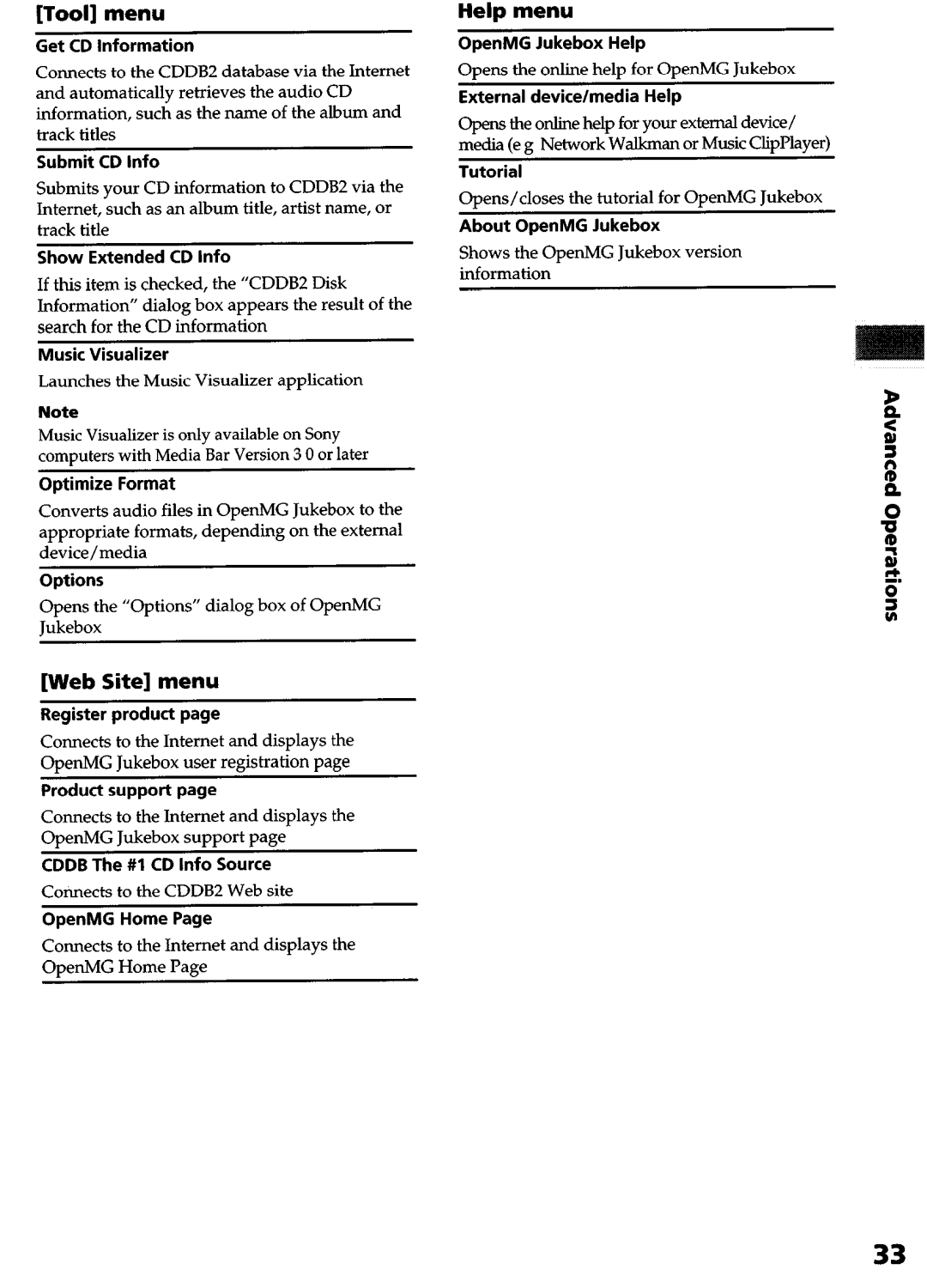 Sony NW-MS9 operating instructions Tool menu, Web Site menu, Help menu, Info If this, Disk 