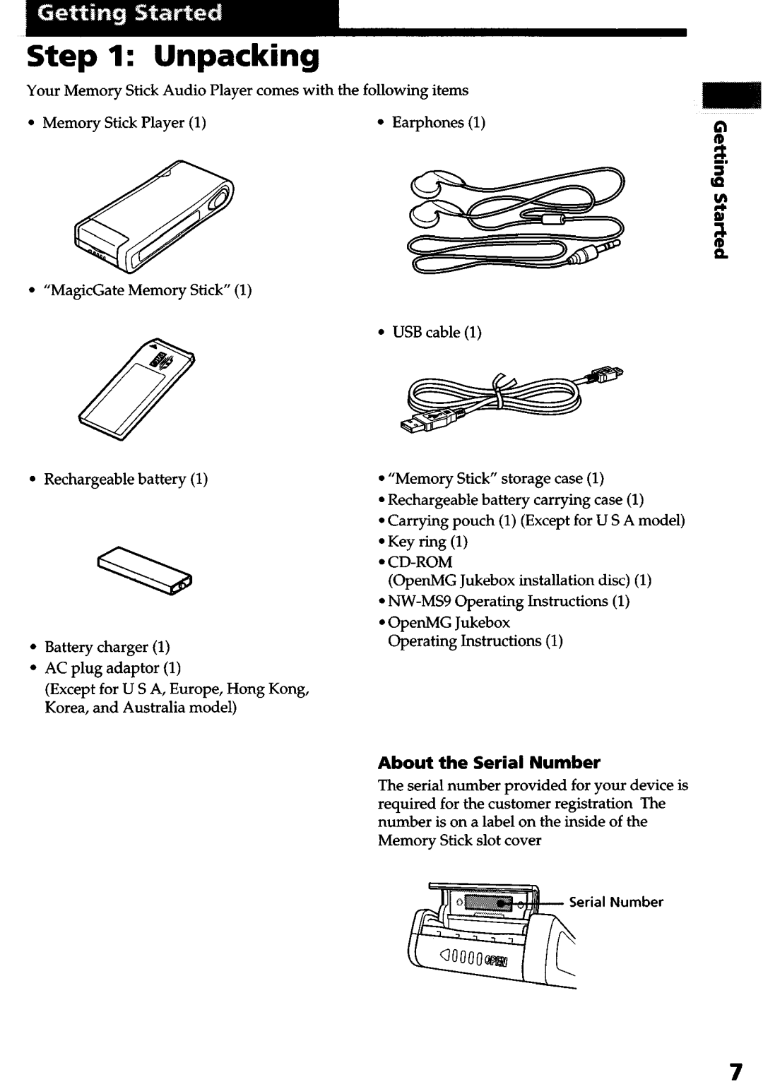 Sony NW-MS9 operating instructions Unpacking, About the Serial Number, Cd-Rom 