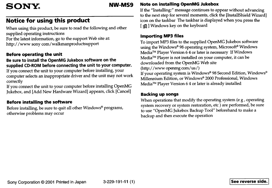 Sony NW-MS9 operating instructions For, This, Http//www openmg corn/us 