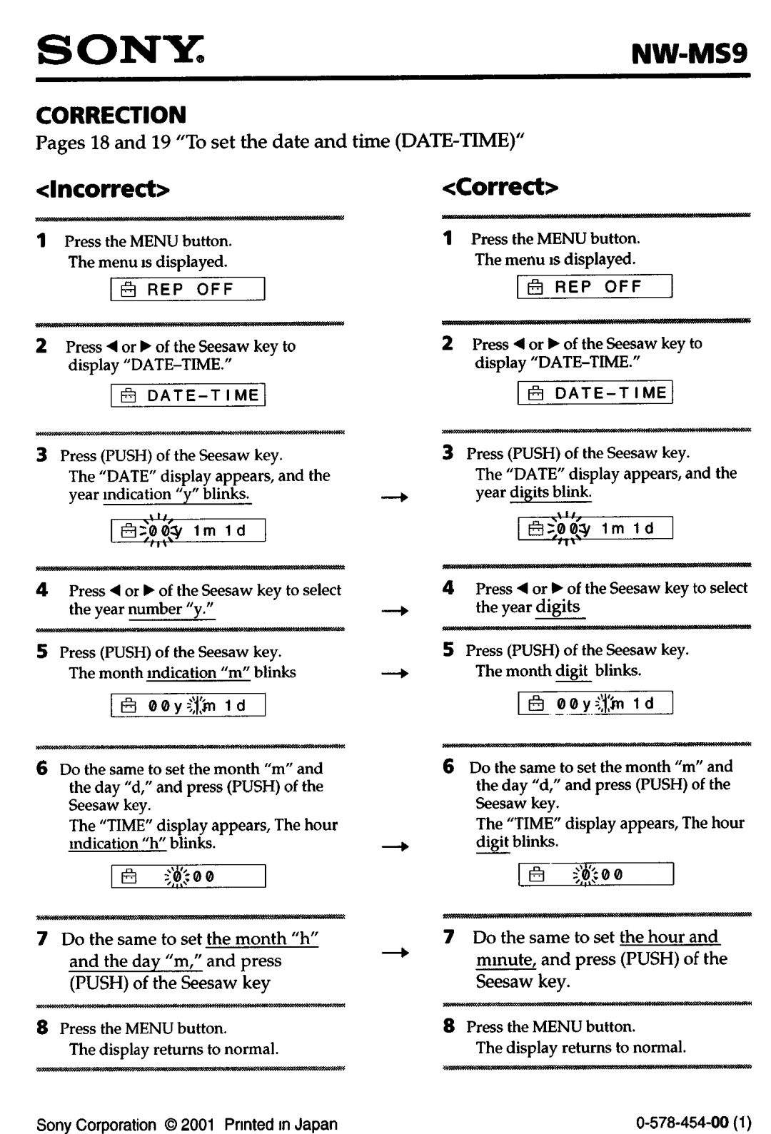 Sony NW-MS9 operating instructions Clncorrecb, Correct, Pages 18 and 19 To set the date and time 