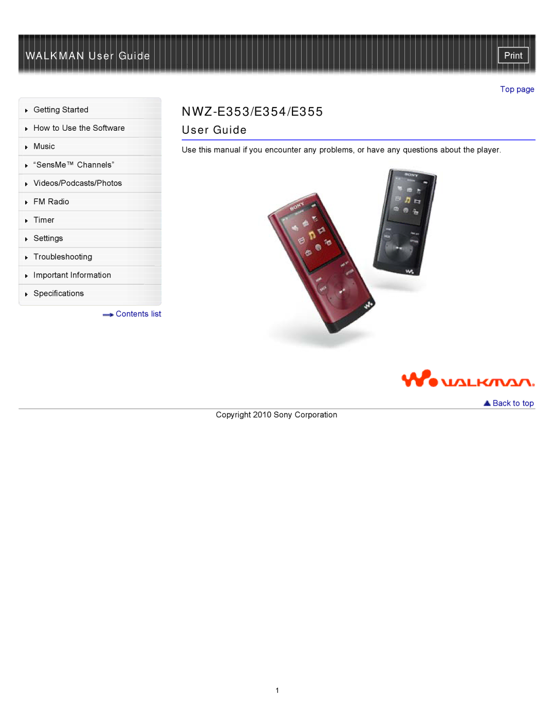 Sony NWZ-E355, NWZ-E354 specifications NWZ-E353/E354/E355 