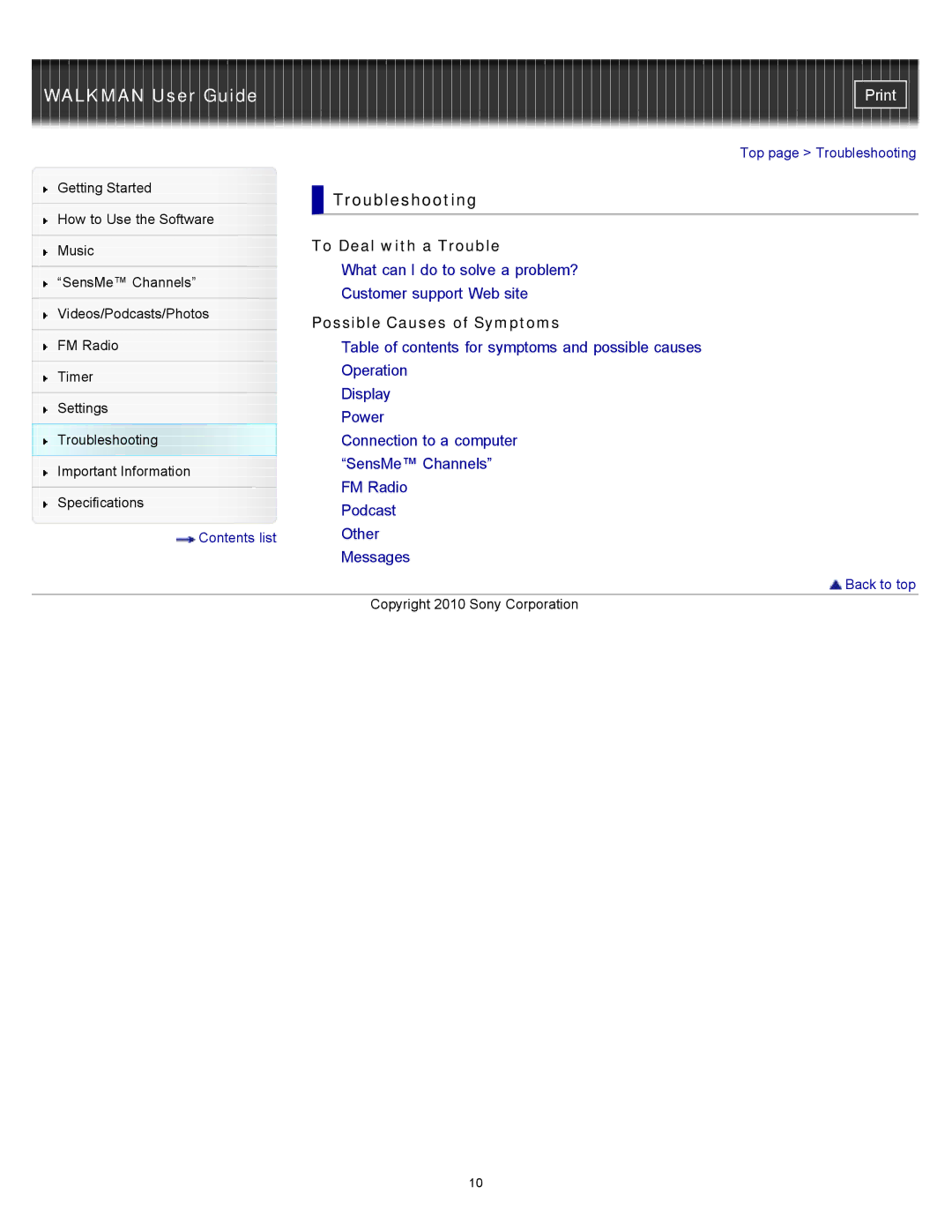 Sony NWZ-E353, NWZ-E355, NWZ-E354 specifications Troubleshooting, To Deal with a Trouble, Possible Causes of Symptoms 