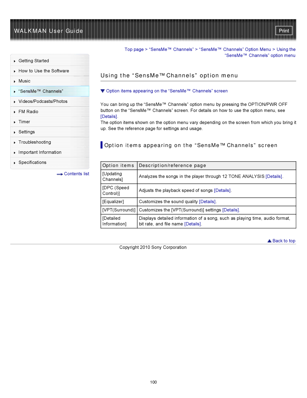 Sony NWZ-E353, NWZ-E355 Using the SensMe Channels option menu, Option items appearing on the SensMe Channels screen 