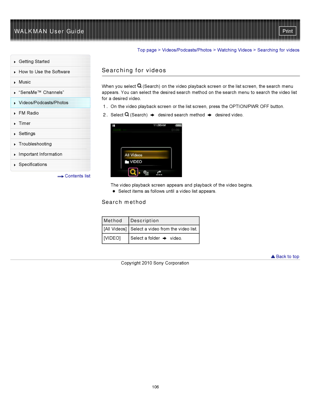 Sony NWZ-E353, NWZ-E355, NWZ-E354 specifications Searching for videos, Search method 