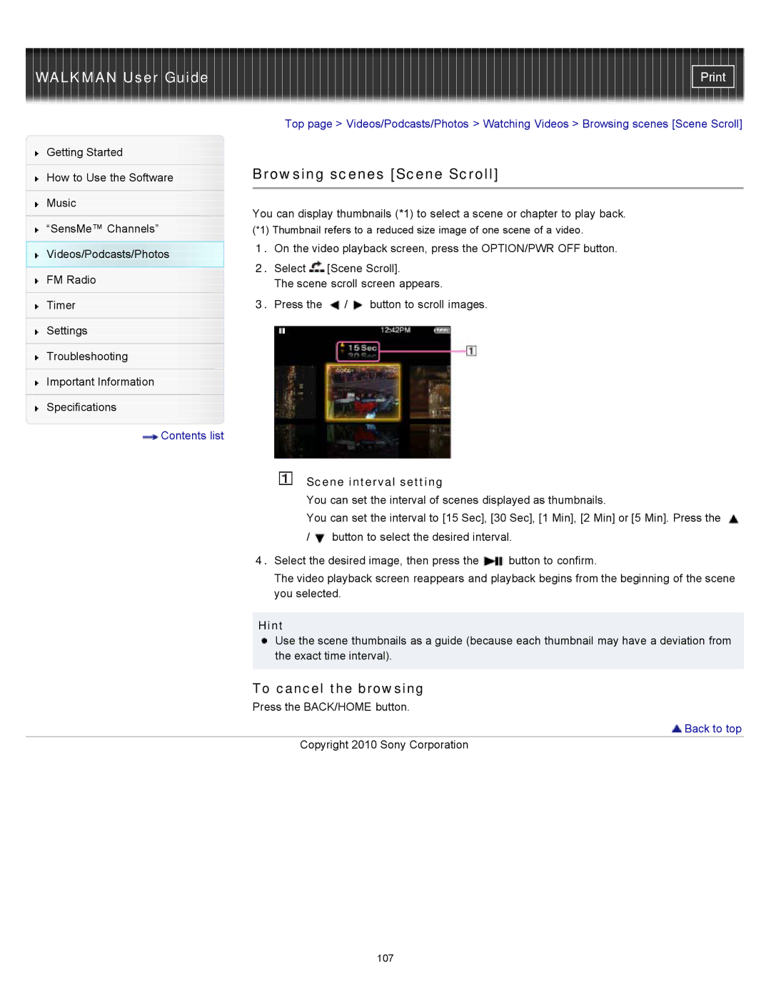 Sony NWZ-E354, NWZ-E355, NWZ-E353 specifications Browsing scenes Scene Scroll, To cancel the browsing, Scene interval setting 