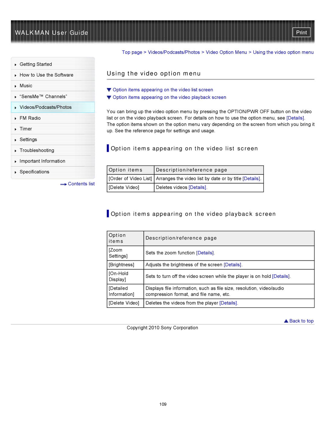 Sony NWZ-E353, NWZ-E355, NWZ-E354 specifications Using the video option menu, Option items appearing on the video list screen 