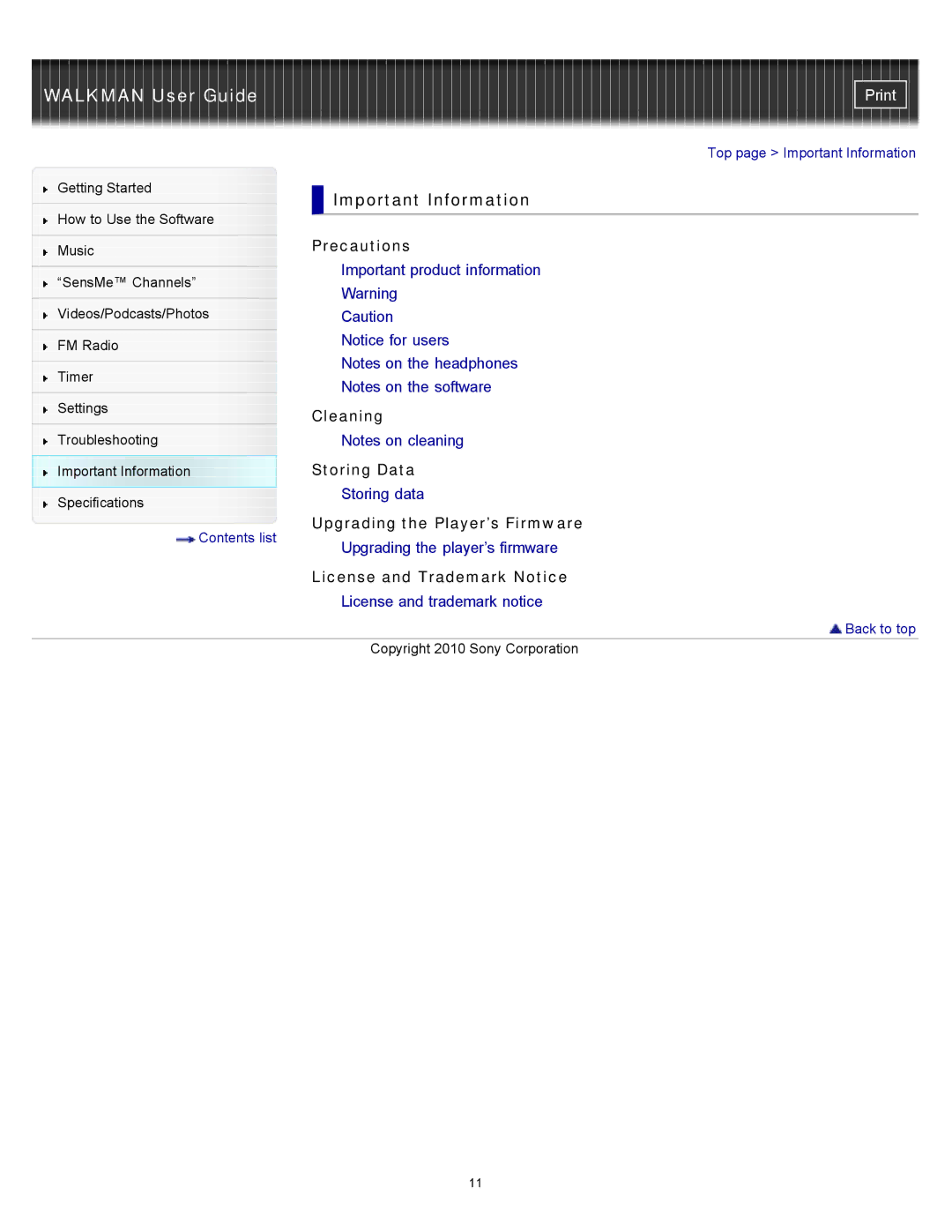 Sony NWZ-E354, NWZ-E355, NWZ-E353 Important Information, Precautions, Cleaning, Storing Data, License and Trademark Notice 