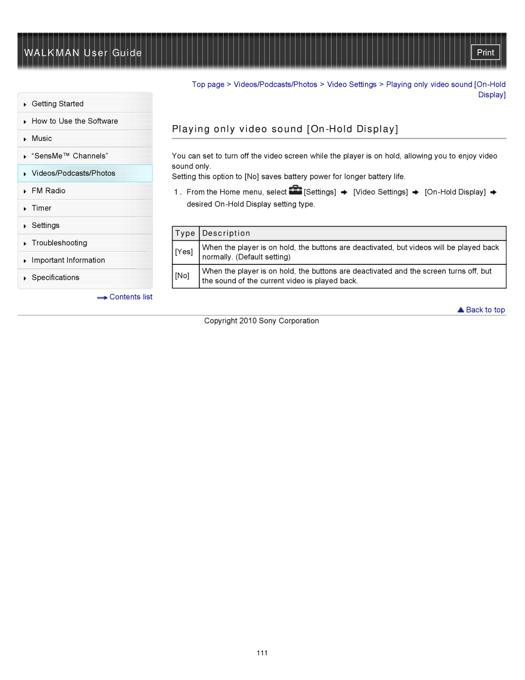 Sony NWZ-E355, NWZ-E353, NWZ-E354 specifications Playing only video sound On-Hold Display 